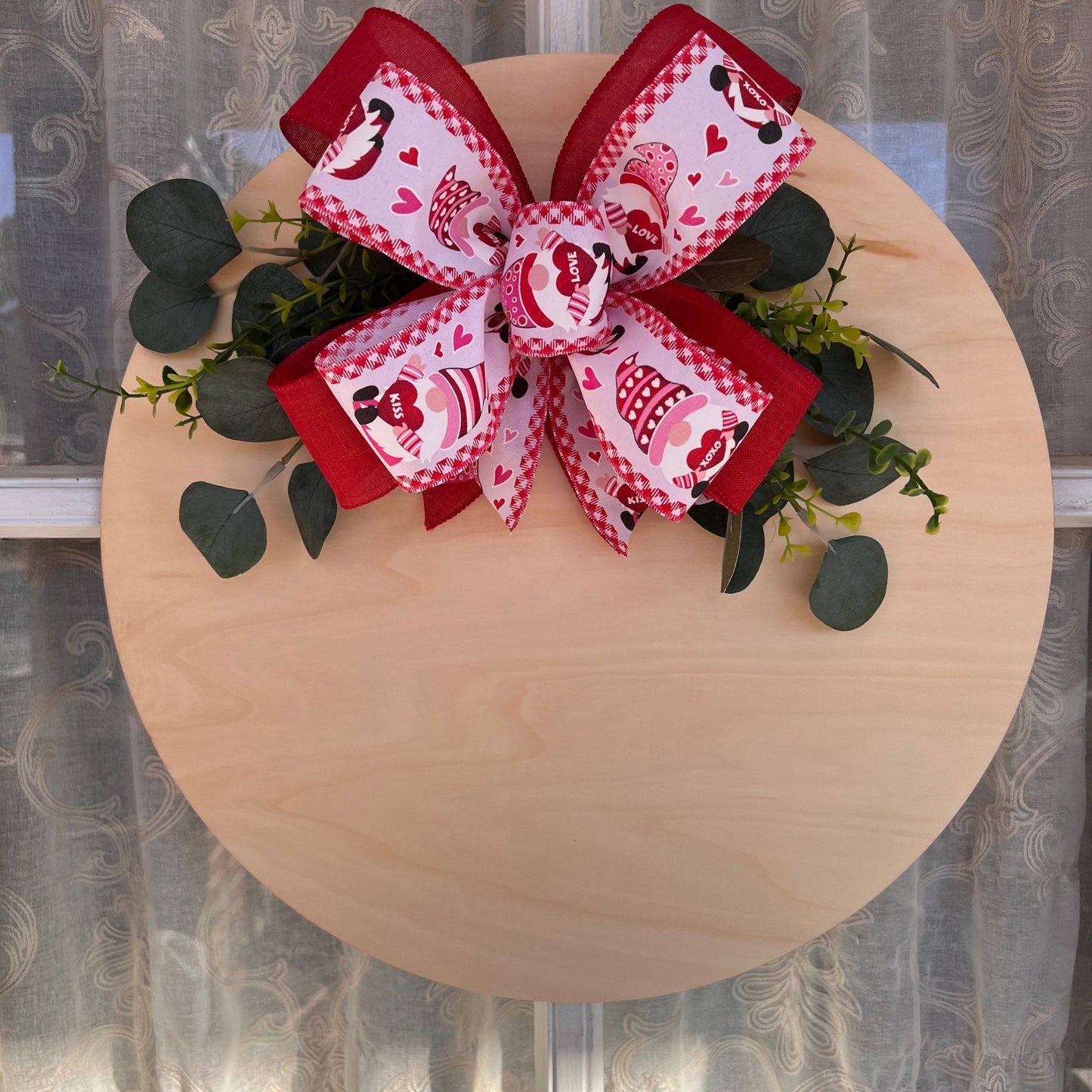 Valentine Bow Door Hanger Bow Red and White Gnome Bow 10 inch Double Bow Bow for Door Sign or Small Wreath