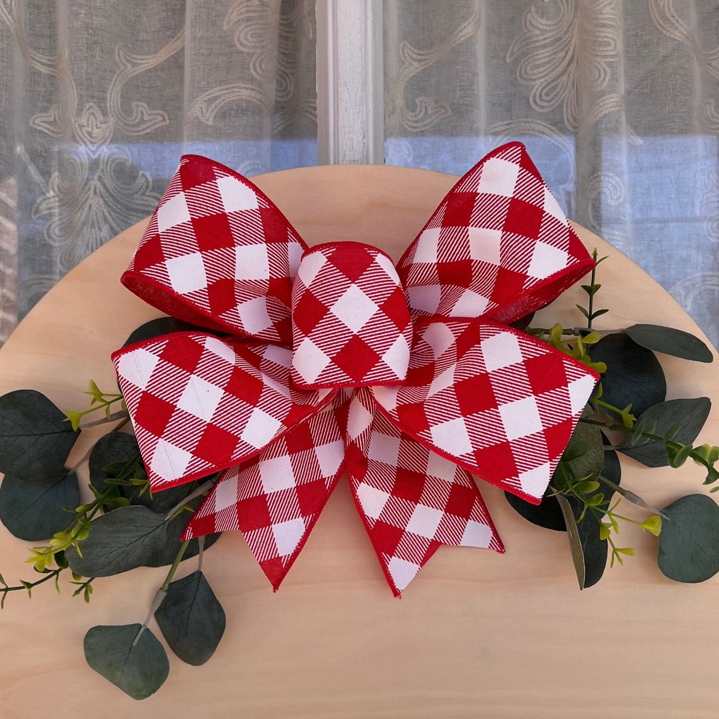 Christmas Bow Door Hanger Bow Red and White Diagonal Plaid 10 inch Bow Small Bow for Door Sign Lantern Bow