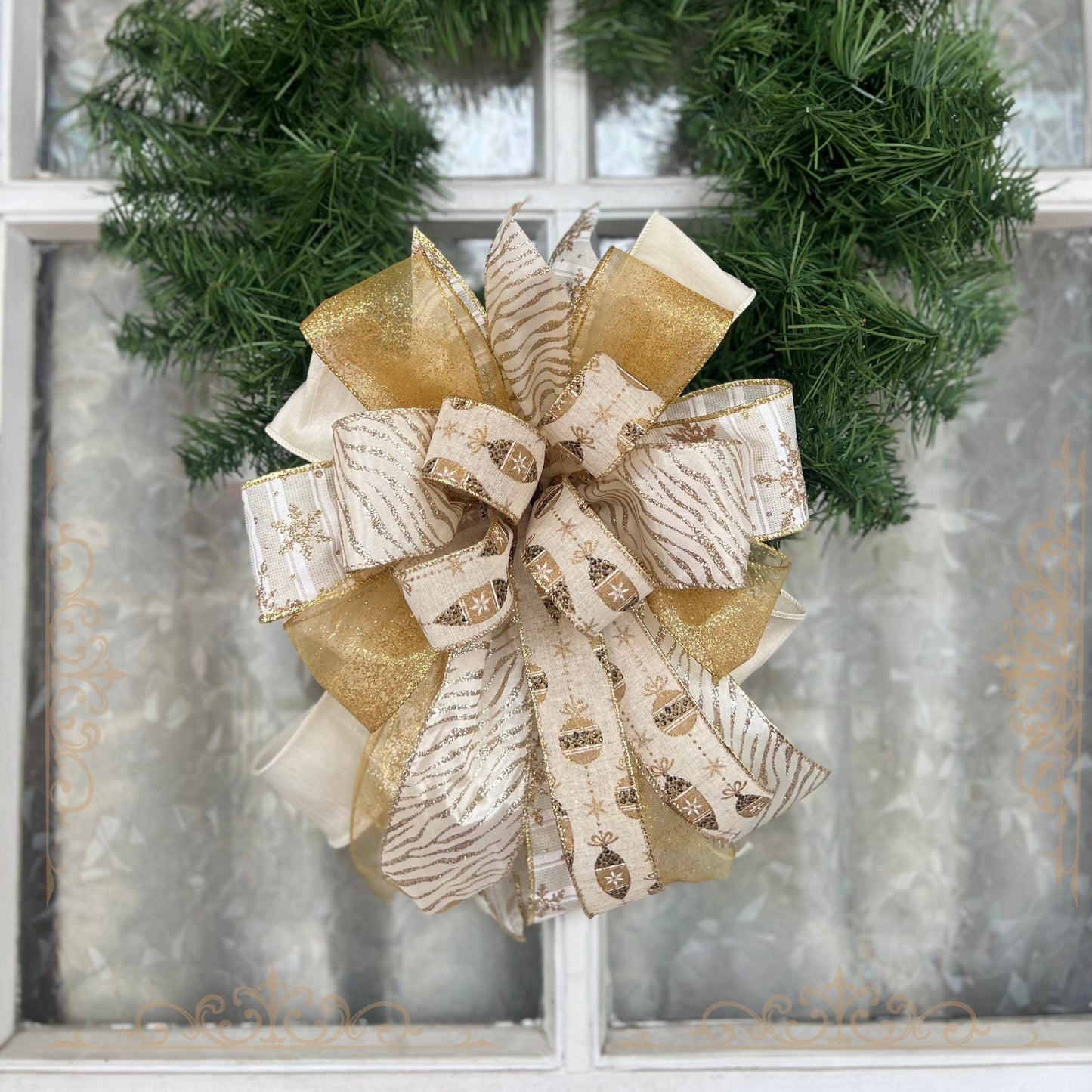 Christmas Bow Ivory & Gold Glitter Cheetah Ornaments Bow Gold Christmas Bow for Wreath