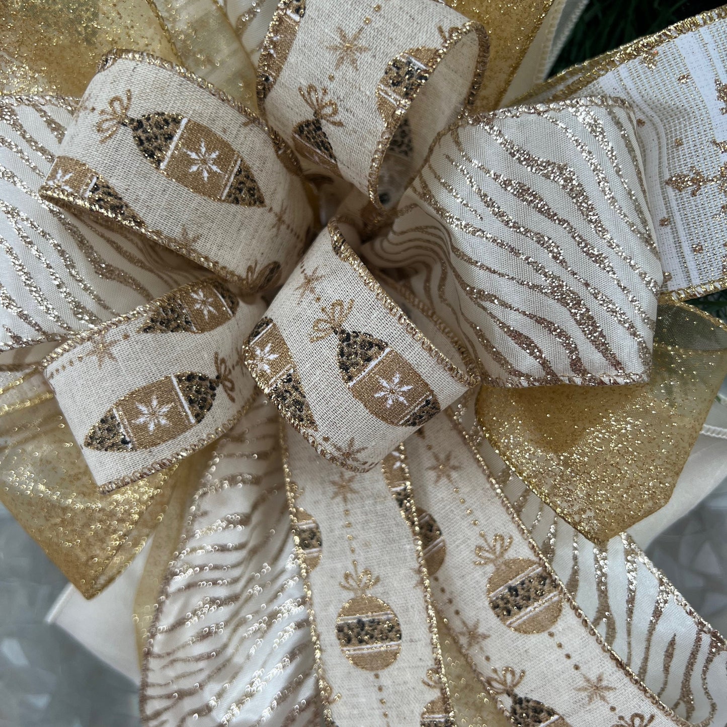 Christmas Bow Ivory & Gold Glitter Cheetah Ornaments Bow Gold Christmas Bow for Wreath