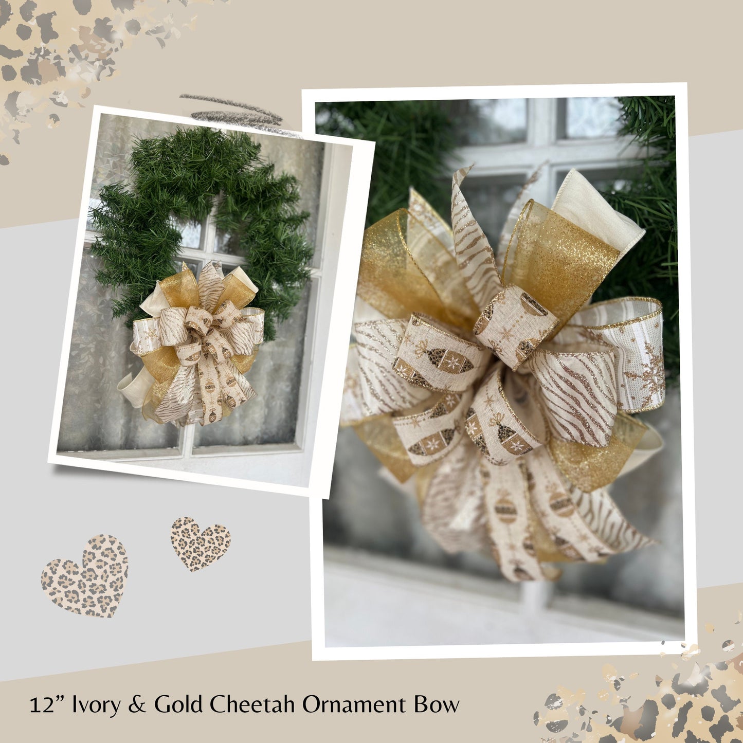 Christmas Bow Ivory & Gold Glitter Cheetah Ornaments Bow Gold Christmas Bow for Wreath