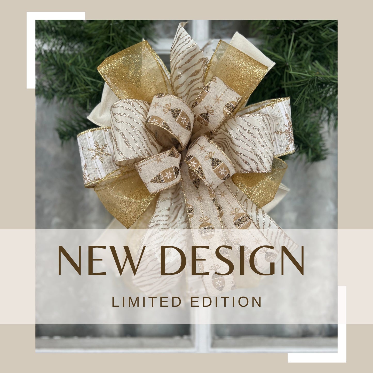 Christmas Bow Ivory & Gold Glitter Cheetah Ornaments Bow Gold Christmas Bow for Wreath