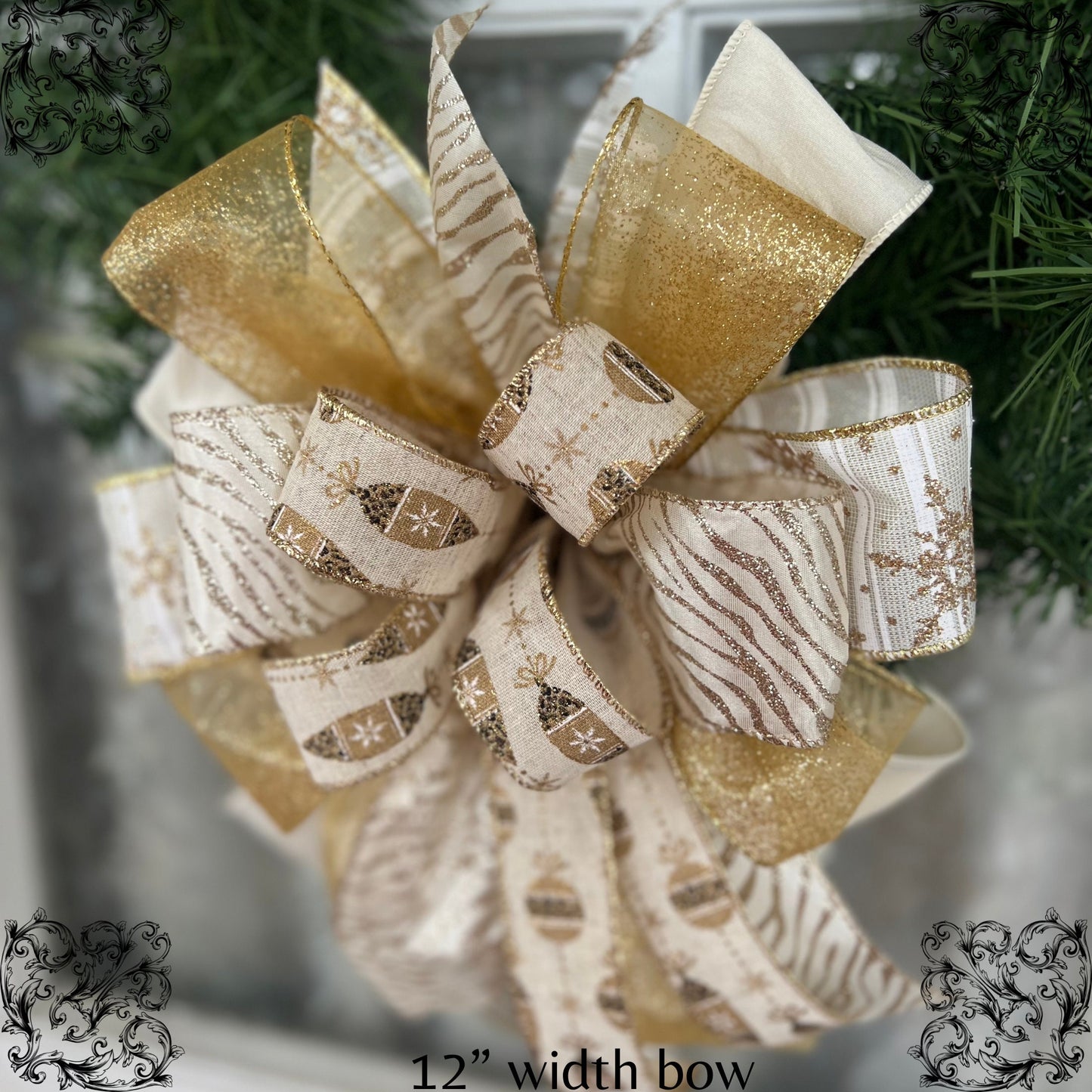 Christmas Bow Ivory & Gold Glitter Cheetah Ornaments Bow Gold Christmas Bow for Wreath
