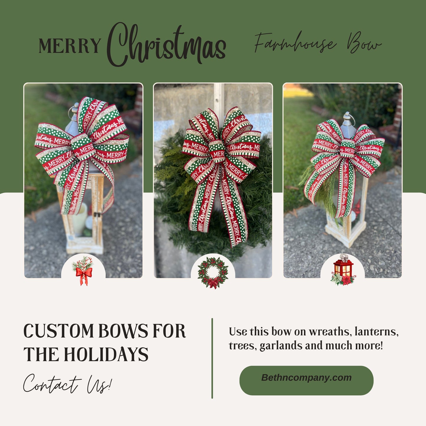 Christmas Bow Merry Christmas Farmhouse Bow for Front Door Tree Topper Christmas Lantern Bow