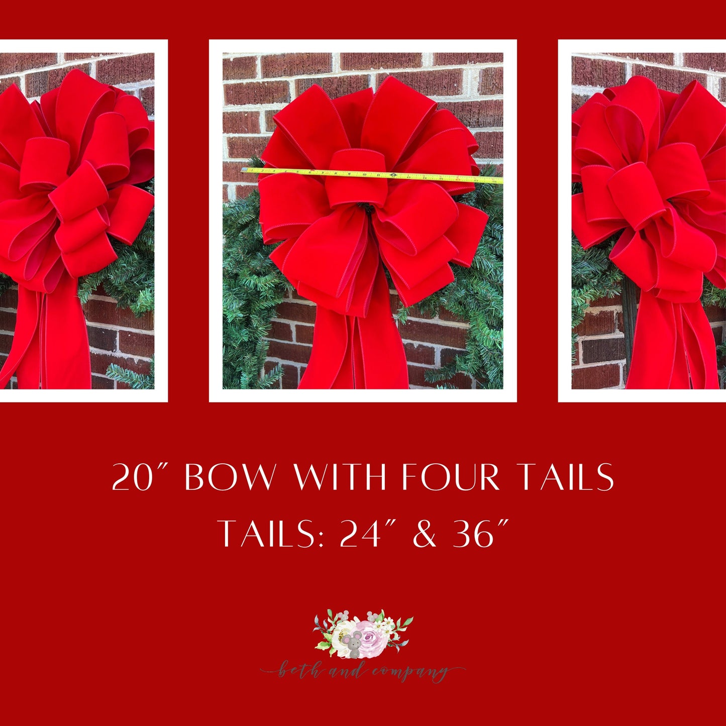 Large Christmas Bow 20 Inch or 26 Inch Red Velvet Outdoor Bow Red Christmas Wreath Bow Giant Door Bows 4 inch Wired Ribbon