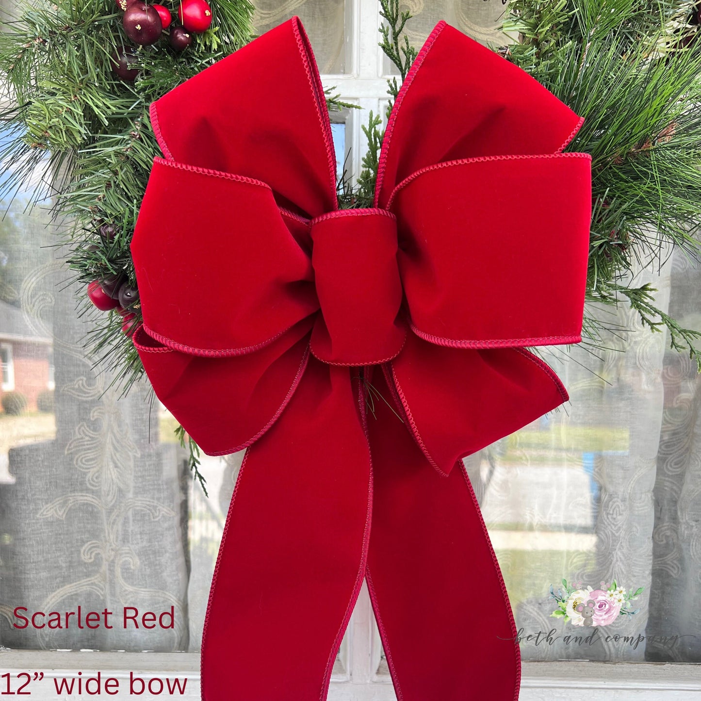 INDOOR or OUTDOOR Grand Red Velvet Christmas Bow Front Porch Decor 4" width wired velvet ribbon No Liner Outside Christmas Bows