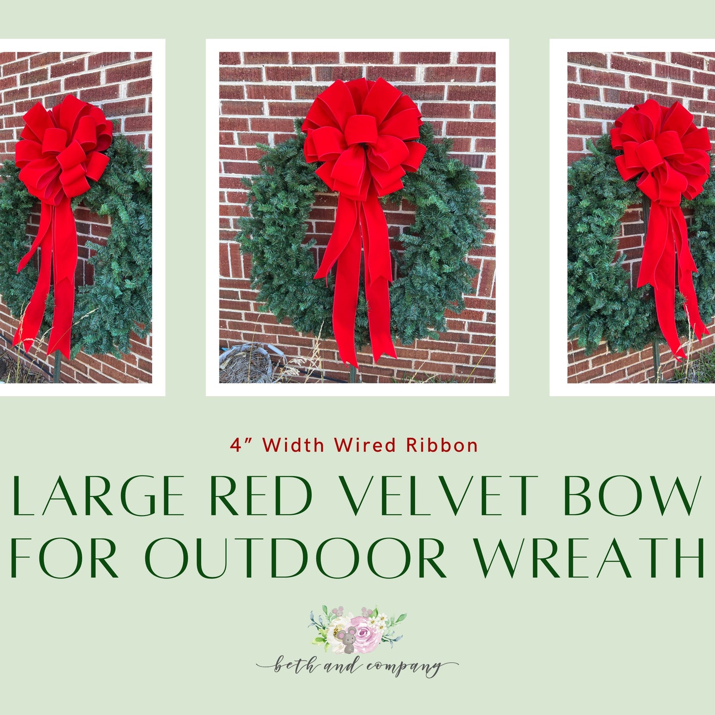 Large Christmas Bow 20 Inch or 26 Inch Red Velvet Outdoor Bow Red Christmas Wreath Bow Giant Door Bows 4 inch Wired Ribbon
