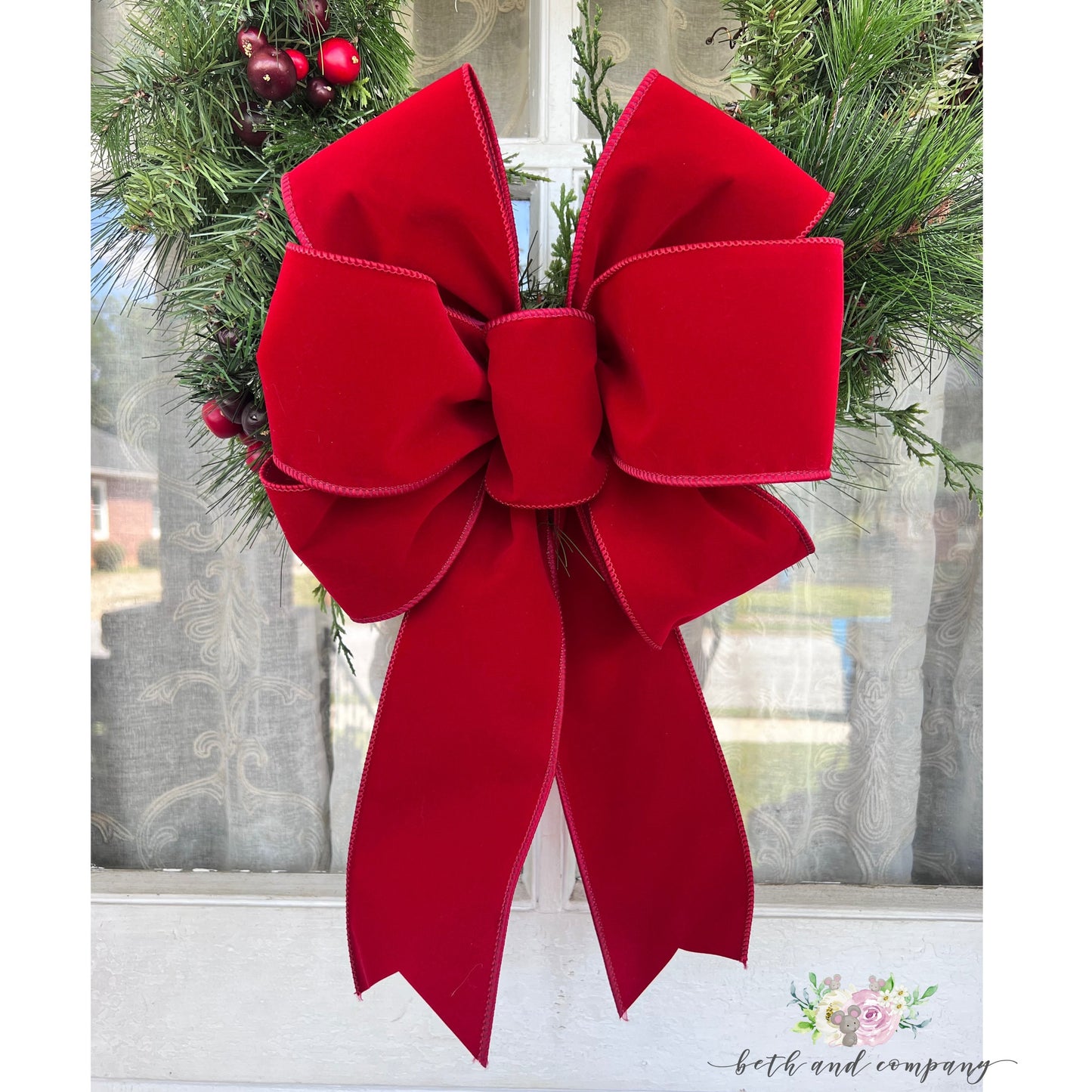 INDOOR or OUTDOOR Grand Red Velvet Christmas Bow Front Porch Decor 4" width wired velvet ribbon No Liner Outside Christmas Bows