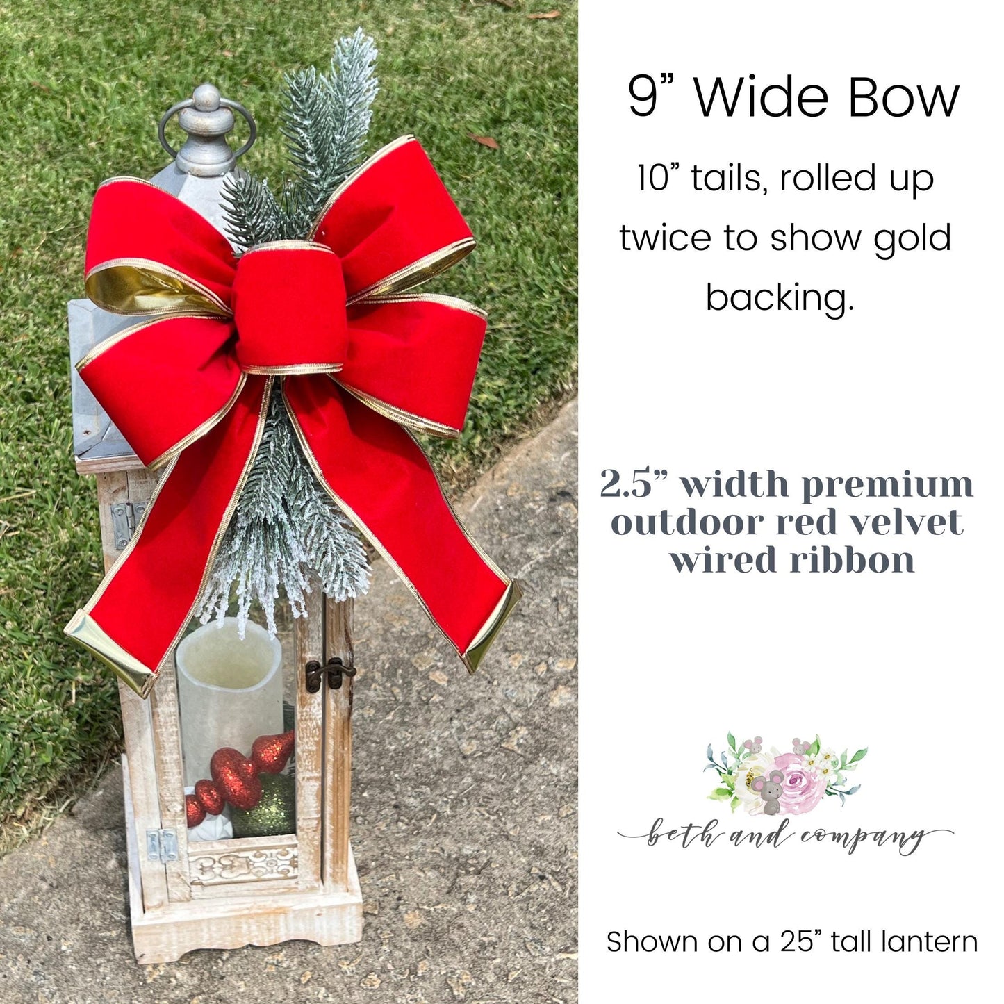Christmas Bow OUTDOOR Red Velvet Bow Gold Poly Liner Outdoor Christmas Decor Lantern Bow