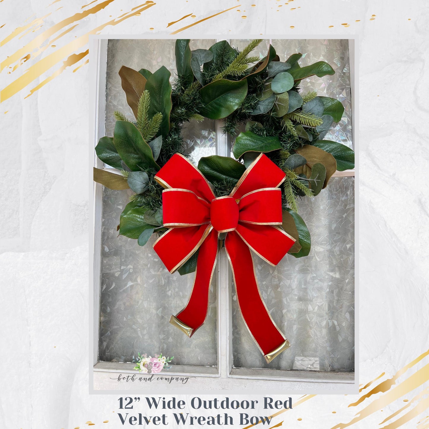Christmas Bow OUTDOOR Red Velvet Bow Gold Poly Liner Outdoor Christmas Decor Lantern Bow
