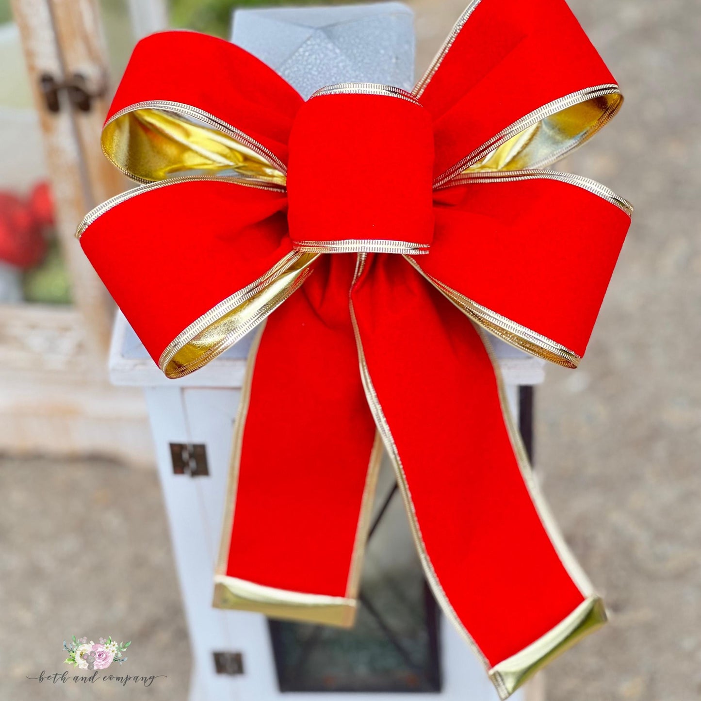 Christmas Bow OUTDOOR Red Velvet Bow Gold Poly Liner Outdoor Christmas Decor Lantern Bow