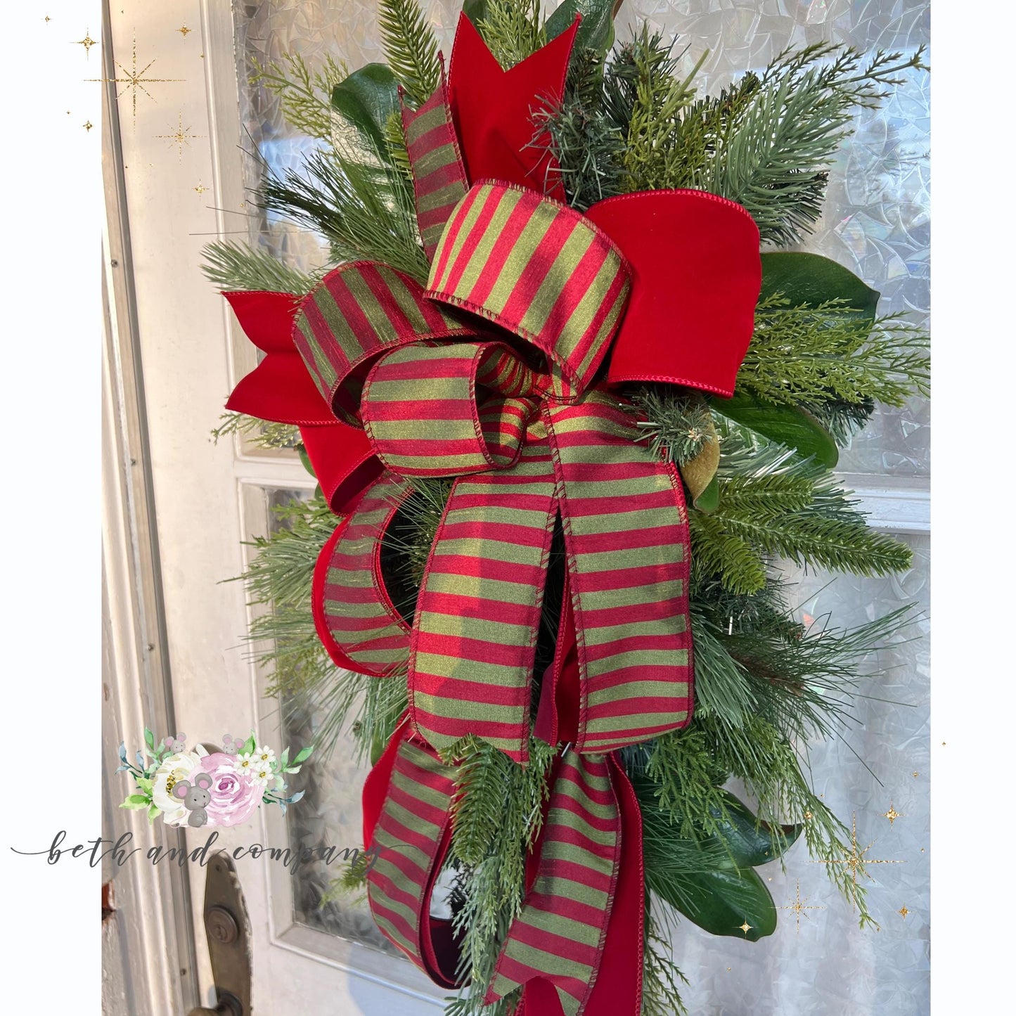 Christmas Swag 36Inch Southern Mixed Greenery Swag Scarlet Red Velvet Front Door Christmas Decoration