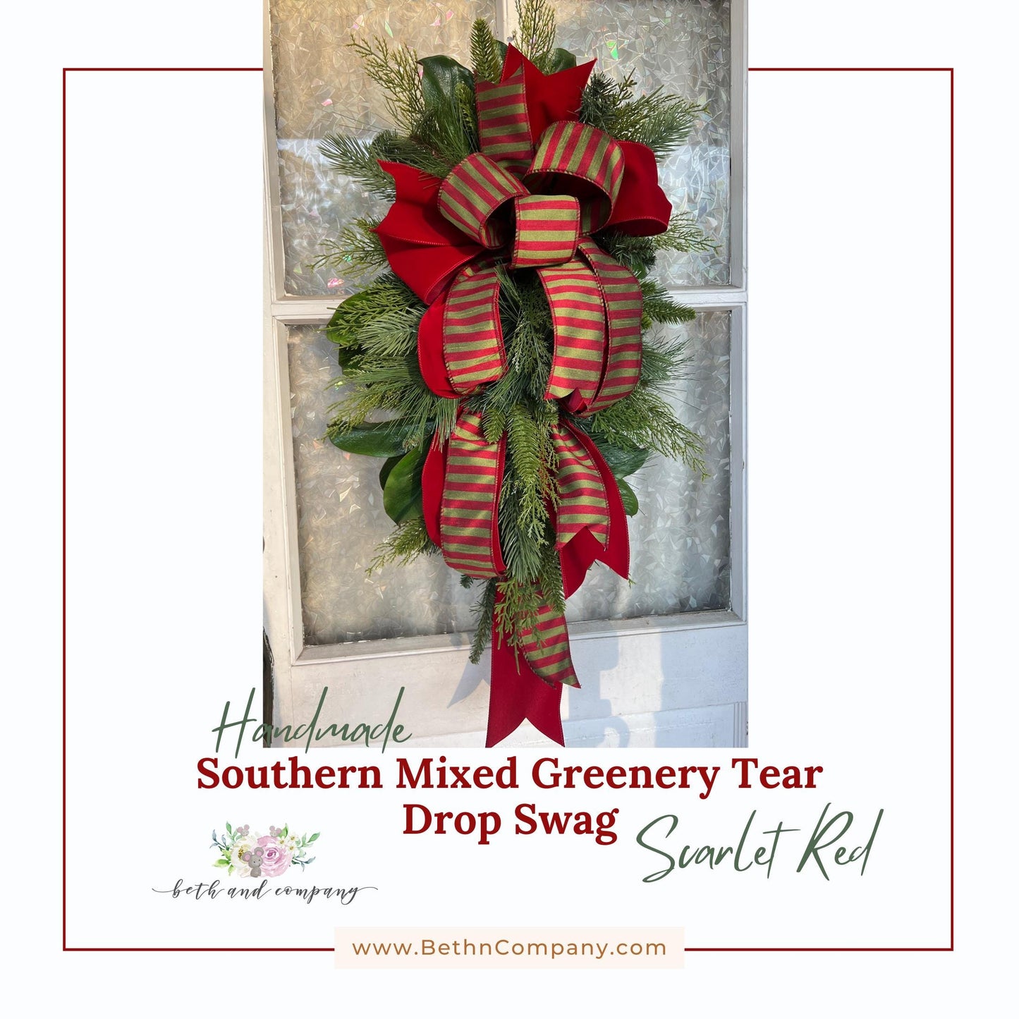 Christmas Swag 36Inch Southern Mixed Greenery Swag Scarlet Red Velvet Front Door Christmas Decoration