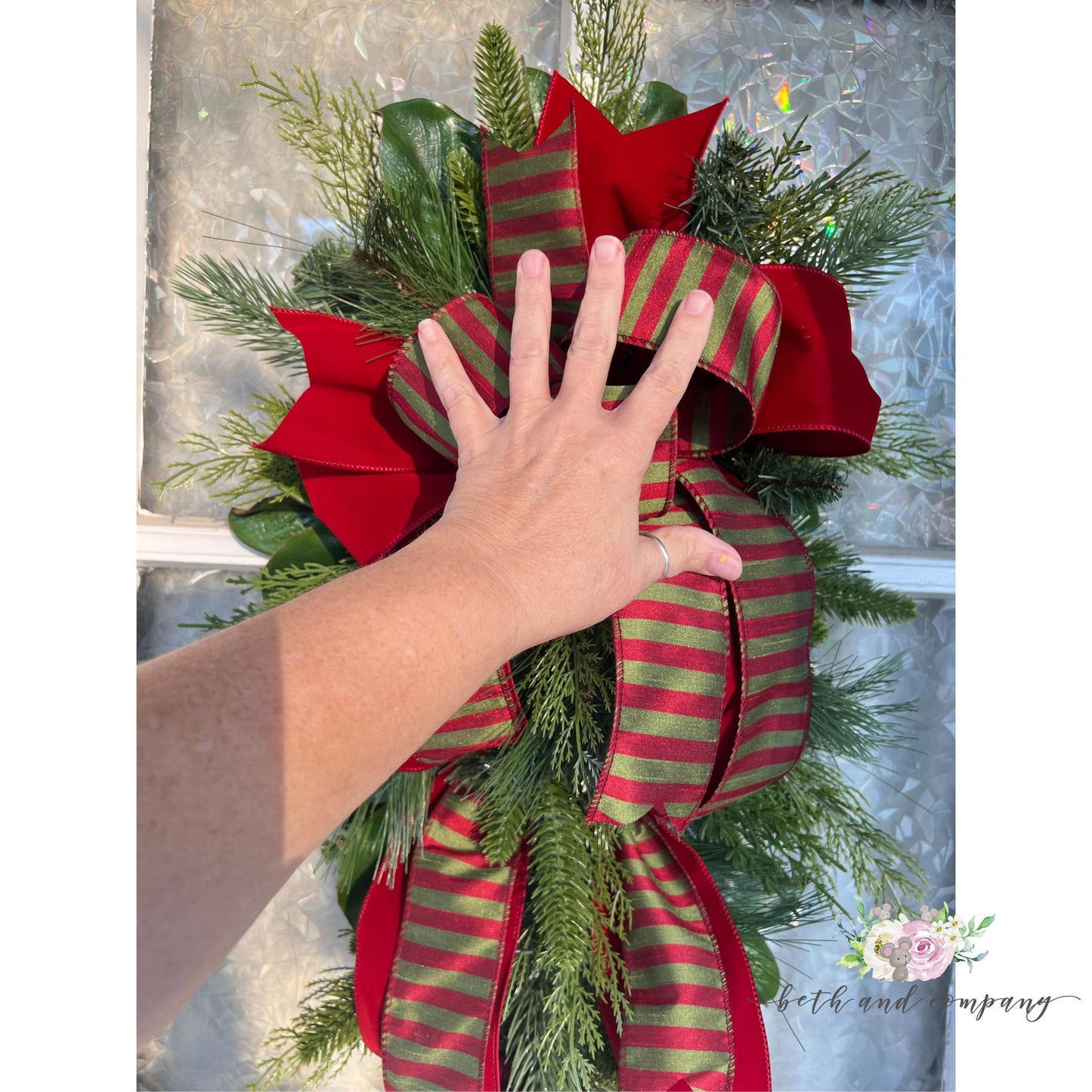 Christmas Swag 36Inch Southern Mixed Greenery Swag Scarlet Red Velvet Front Door Christmas Decoration
