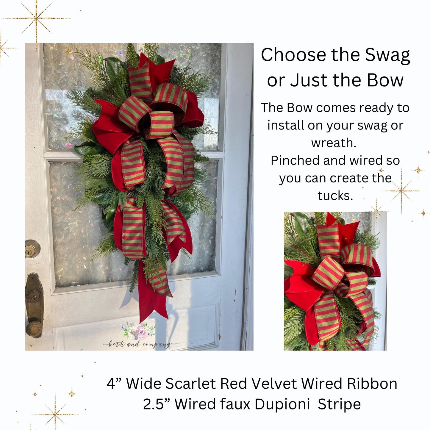 Christmas Swag 36Inch Southern Mixed Greenery Swag Scarlet Red Velvet Front Door Christmas Decoration