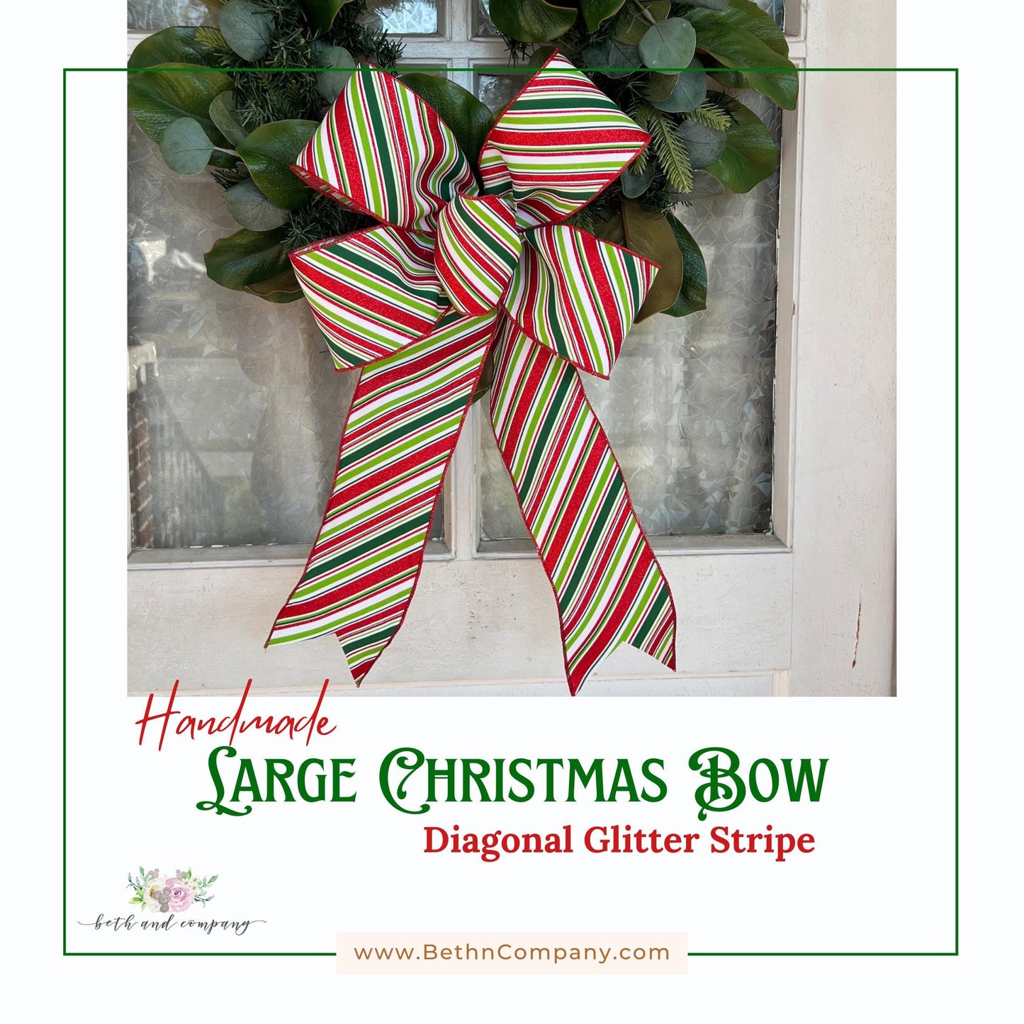 Christmas Bow 15inch Loop Festive Glitter Diagonal Stripe Bow with Long Tails for Wreaths Trees Lamppost Mailbox