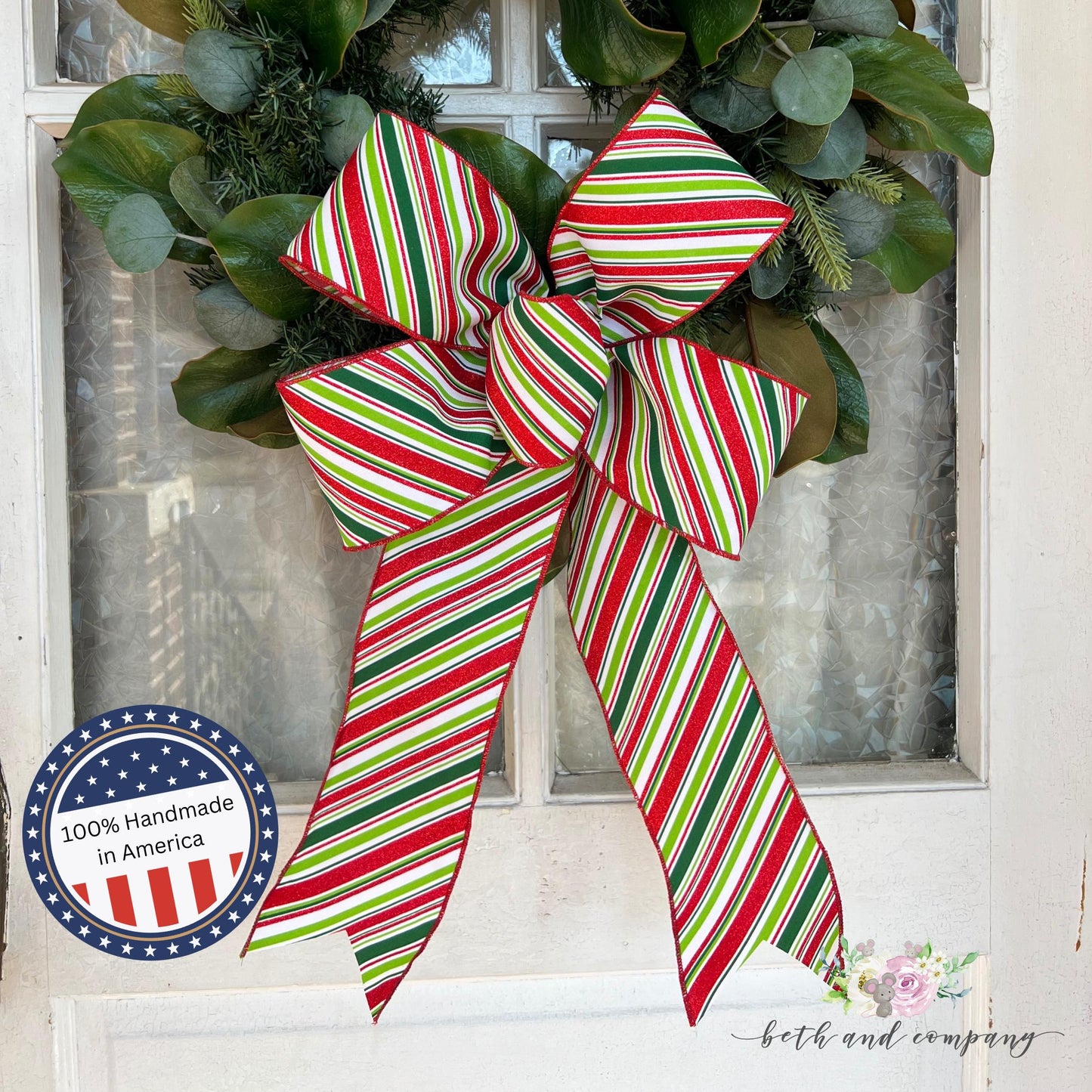Christmas Bow 15inch Loop Festive Glitter Diagonal Stripe Bow with Long Tails for Wreaths Trees Lamppost Mailbox