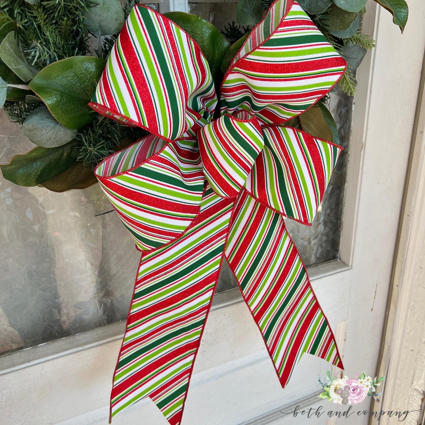 Christmas Bow 15inch Loop Festive Glitter Diagonal Stripe Bow with Long Tails for Wreaths Trees Lamppost Mailbox