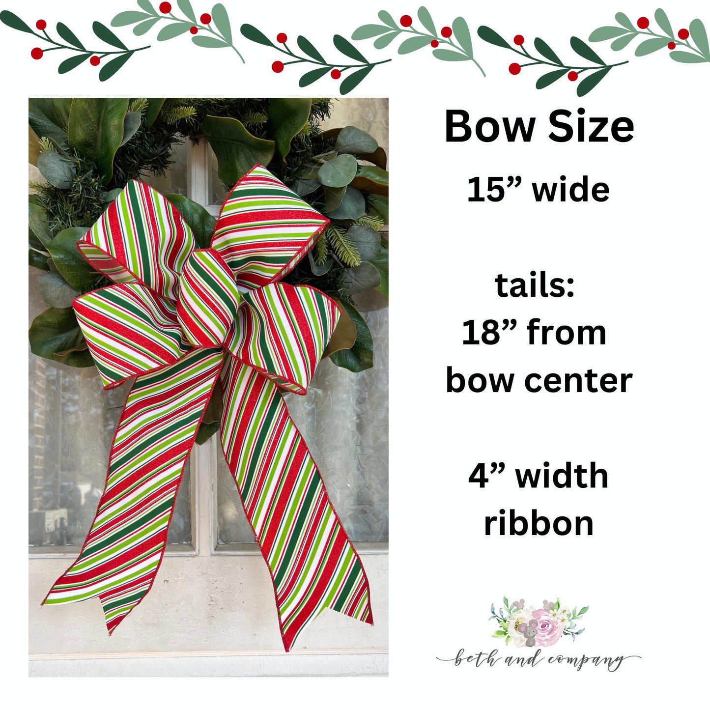 Christmas Bow 15inch Loop Festive Glitter Diagonal Stripe Bow with Long Tails for Wreaths Trees Lamppost Mailbox