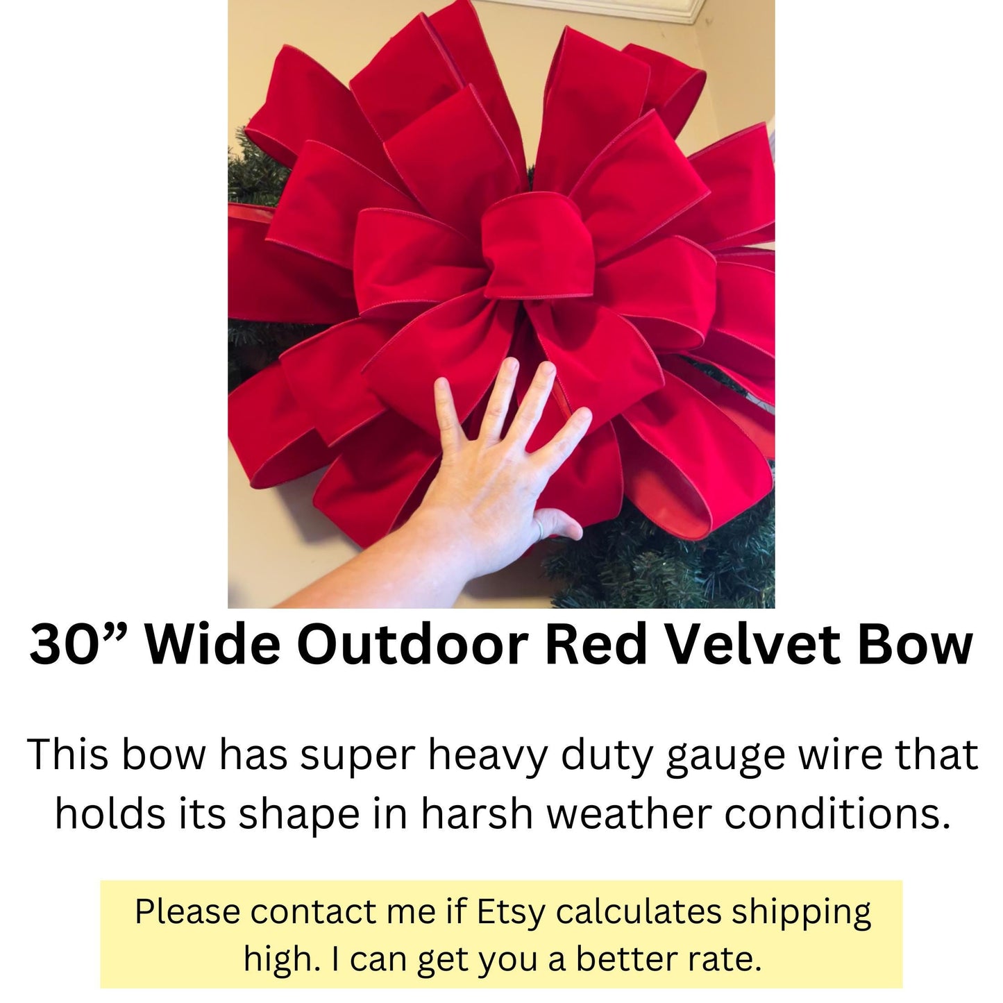 Big Outdoor Red Christmas Bow 30 Inch Red Velvet Heavy Duty Gauged Wired Bow for 5ft - 6ft Wreath 4in Width Poly Lined Ribbon Weatherproof