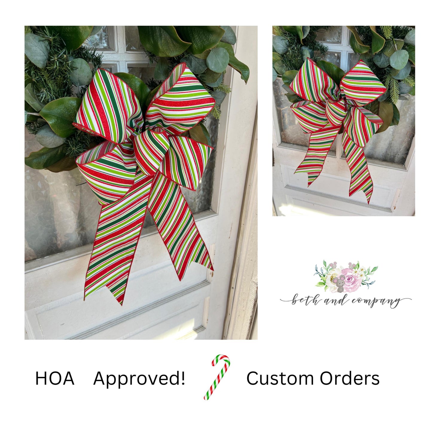 Christmas Bow 15inch Loop Festive Glitter Diagonal Stripe Bow with Long Tails for Wreaths Trees Lamppost Mailbox