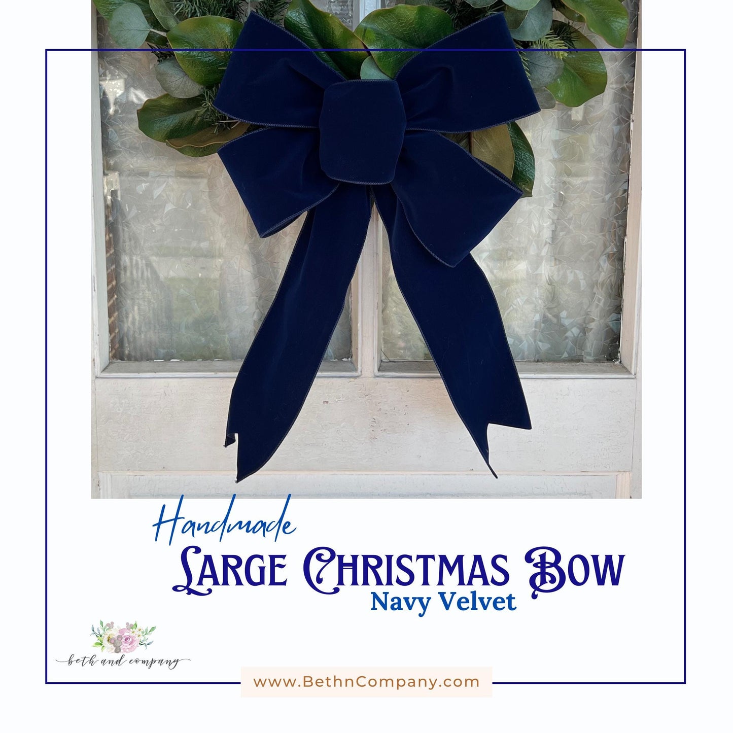 Christmas Bow 15inch Loop Navy Velvet Bow with Long Tails for Wreaths Trees Lamppost Mailbox 4in Width Ribbon Navy Christmas Decor