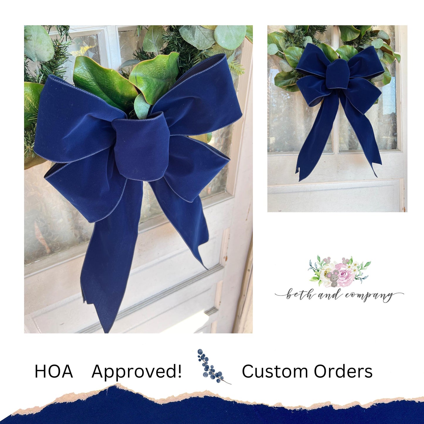 Christmas Bow 15inch Loop Navy Velvet Bow with Long Tails for Wreaths Trees Lamppost Mailbox 4in Width Ribbon Navy Christmas Decor