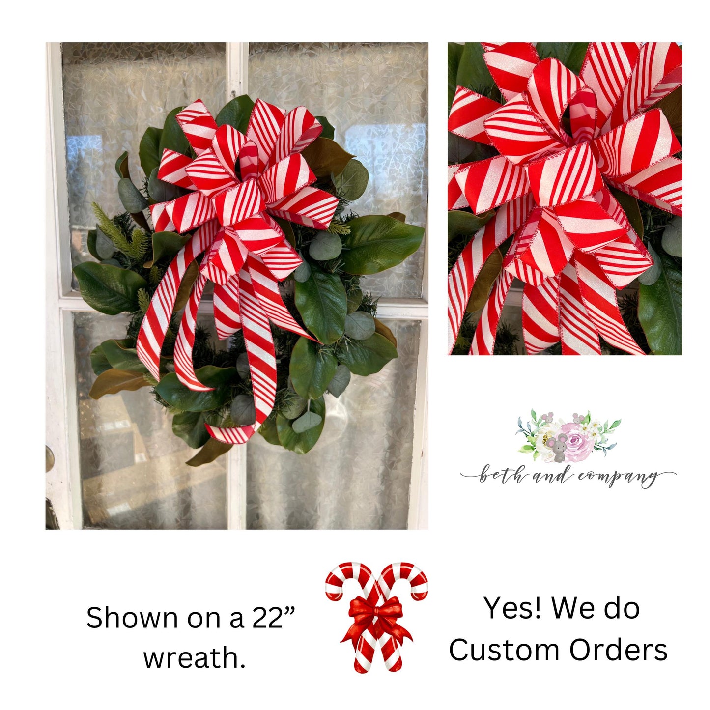 Christmas Bow Candy Cane Stripe Christmas Wreath Bow Christmas wreath bow for front door Christmas Wreath Lantern Bow