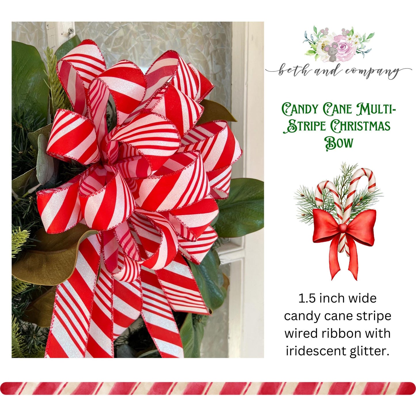 Christmas Bow Candy Cane Stripe Christmas Wreath Bow Christmas wreath bow for front door Christmas Wreath Lantern Bow