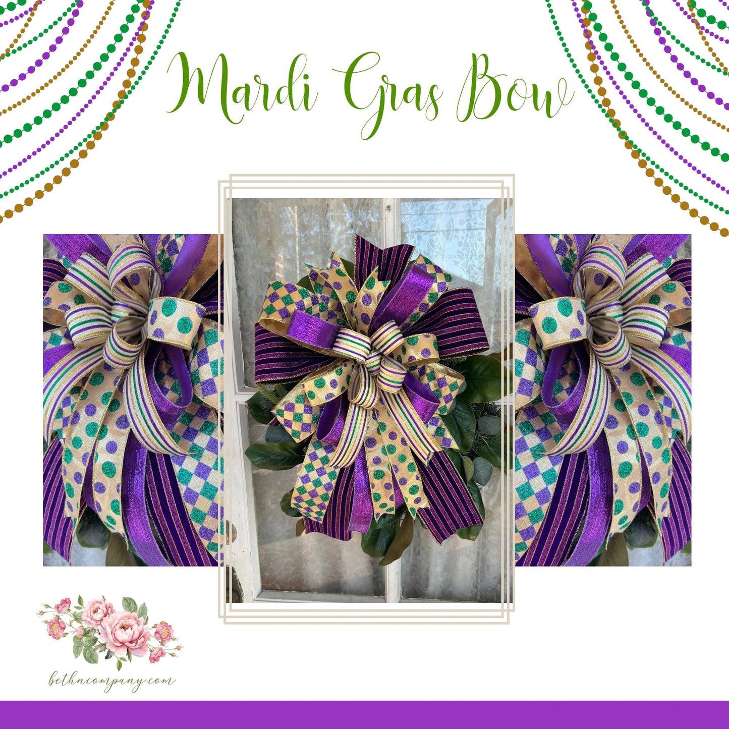Mardi Gras Bow for wreath Large Mardi Gras Bow front door decor