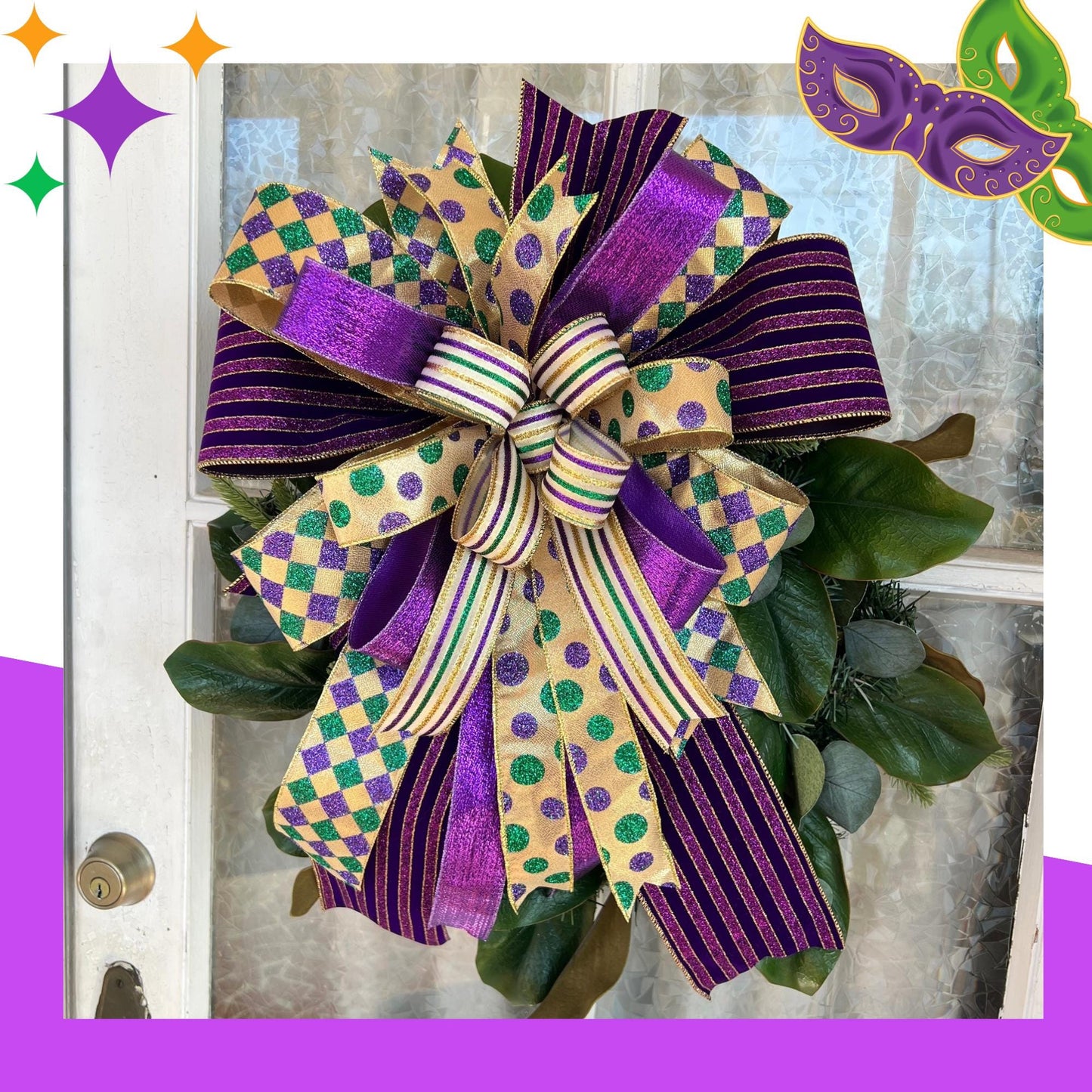 Mardi Gras Bow for wreath Large Mardi Gras Bow front door decor
