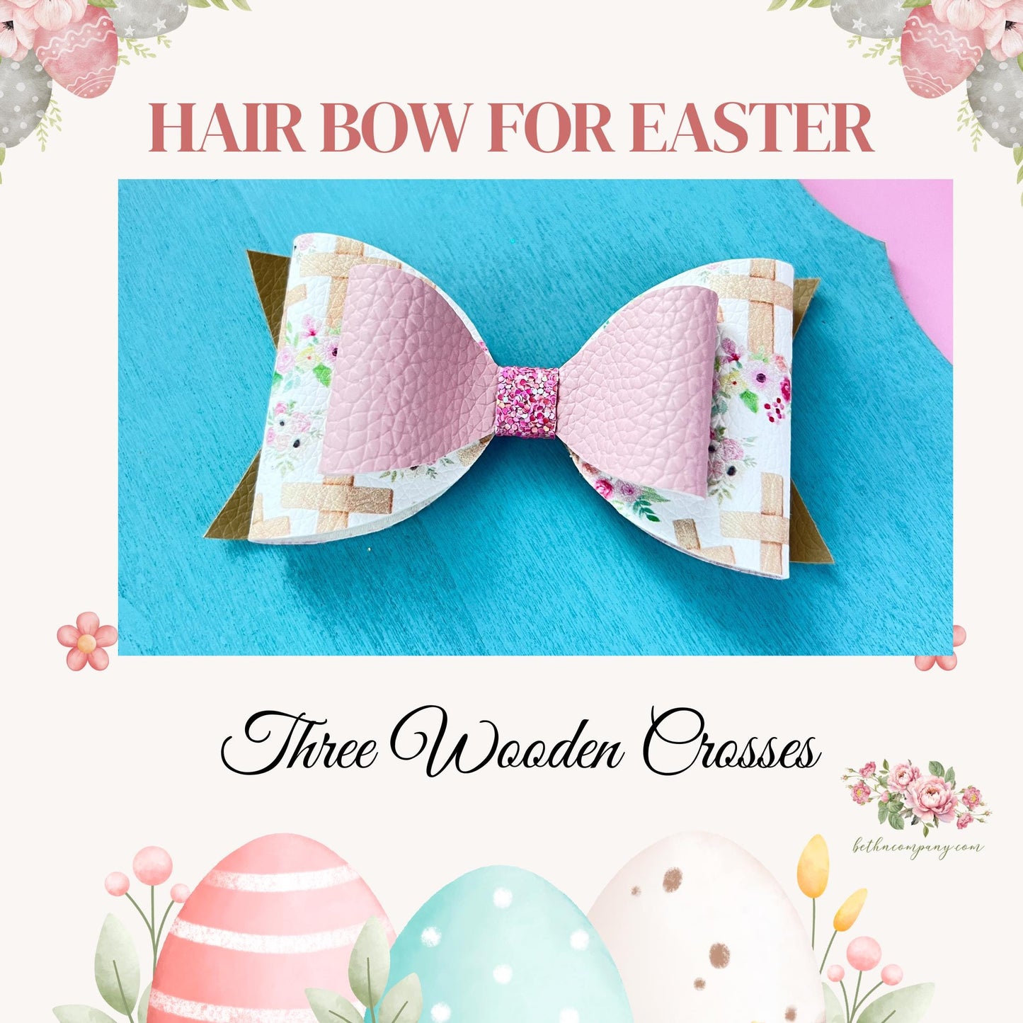 Easter Hair Bow Three Wooden Crosses Design 4” Hair Bows for Girls Bow Clip Hair Accessories Faux Leather Hairbows Easter hair accessory