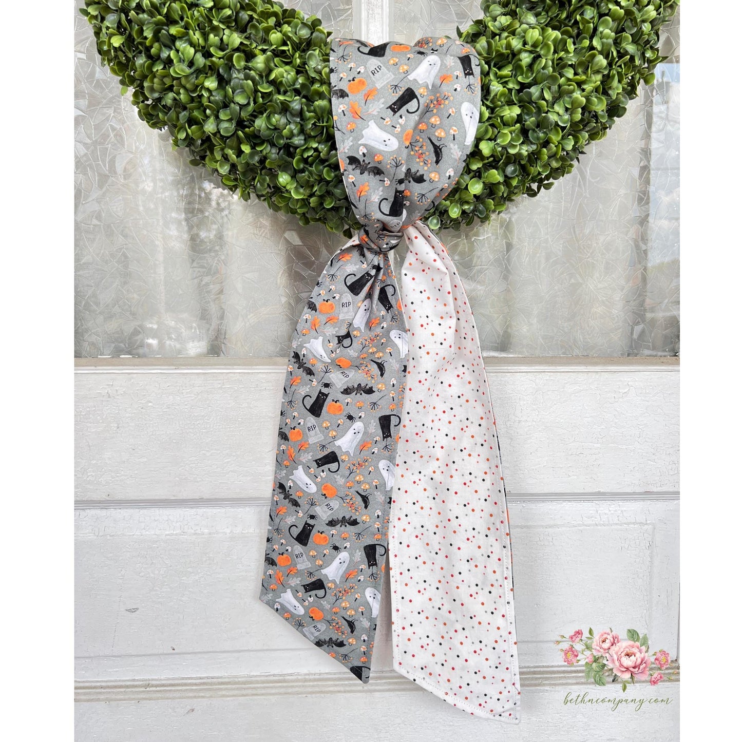 Halloween Wreath Sash Reversible Cats Bats Ghosts Mushrooms Design Gray Cotton Door Decor Bootiful Dot Backing Handmade Ready to Ship