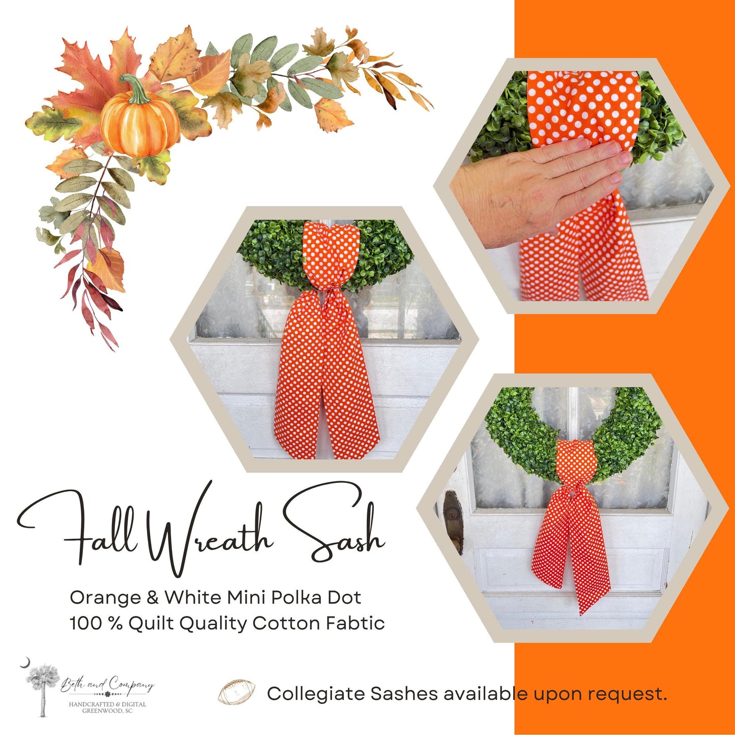 Orange Fall Wreath Sash Orange & White Polka Dot Wreath Decor Front Door Decor Wreath Sash Handmade Fabric Sash Team Decoration