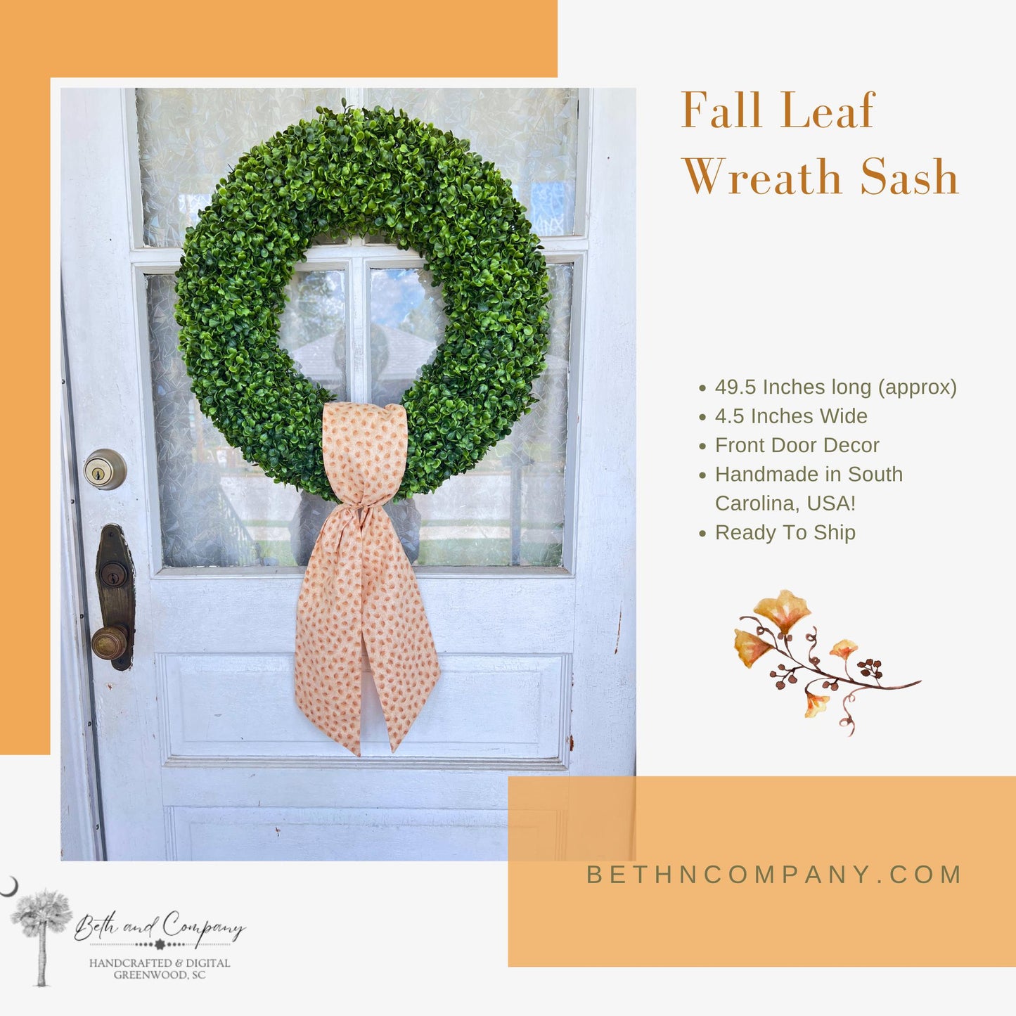 Fall Wreath Sash Autumn Fall Leaf Wreath Decor Fall Leaf Front Door Decor Wreath Sash Handmade Fabric Sash Fall Decoration