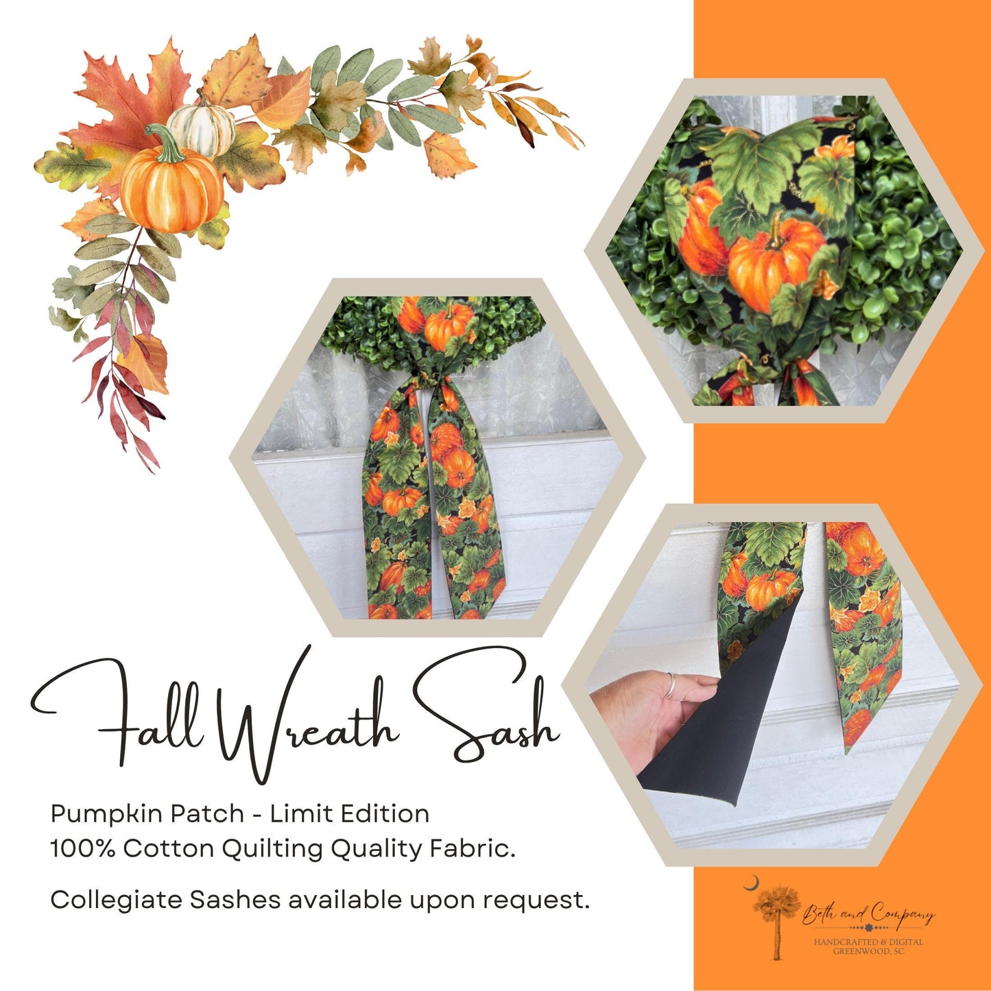 Fall Wreath Sash Pumpkin Patch Wreath Sash Pumpkin Front Door Decor Pumpkin Wreath Handmade Fabric Sash Fall Decoration