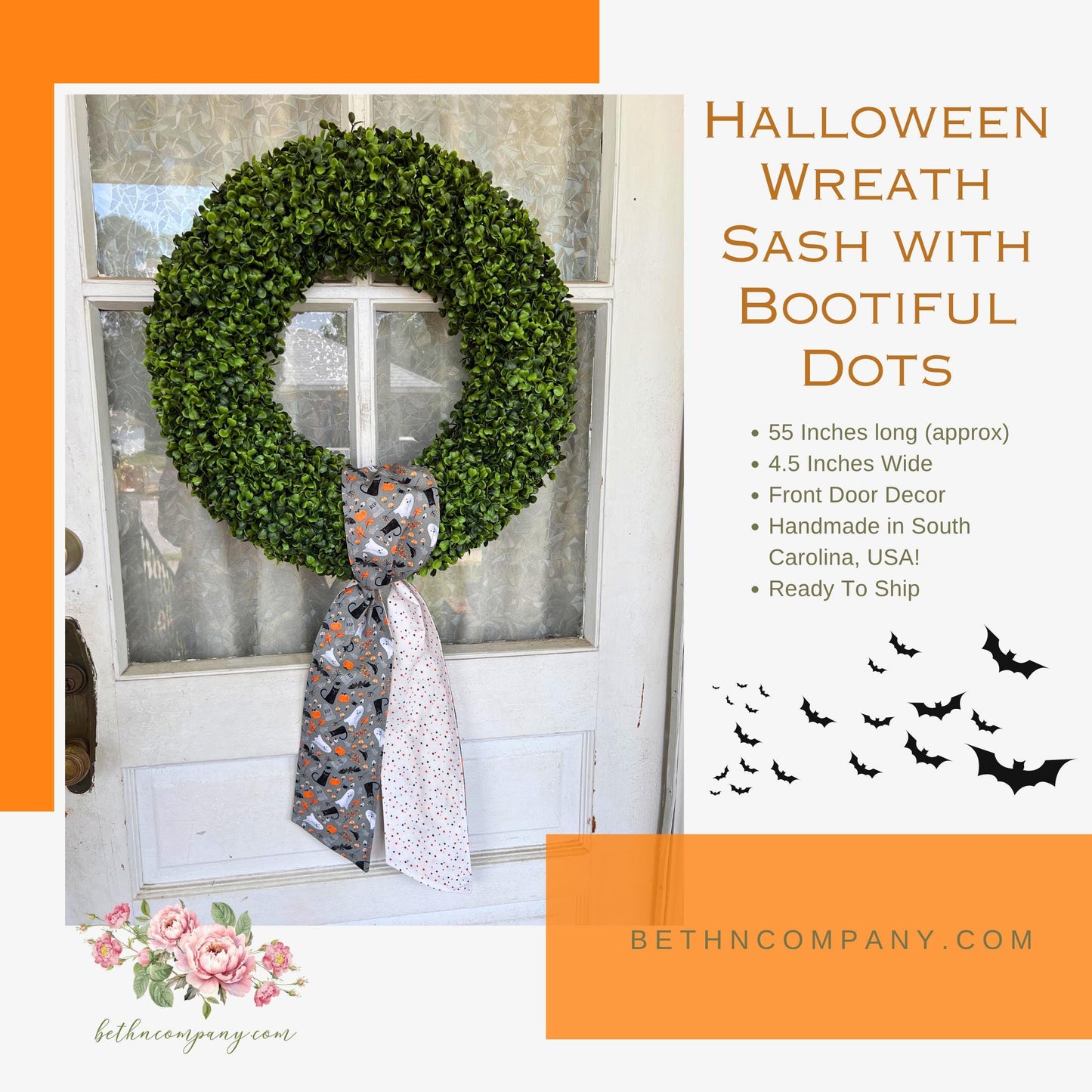 Halloween Wreath Sash Reversible Cats Bats Ghosts Mushrooms Design Gray Cotton Door Decor Bootiful Dot Backing Handmade Ready to Ship
