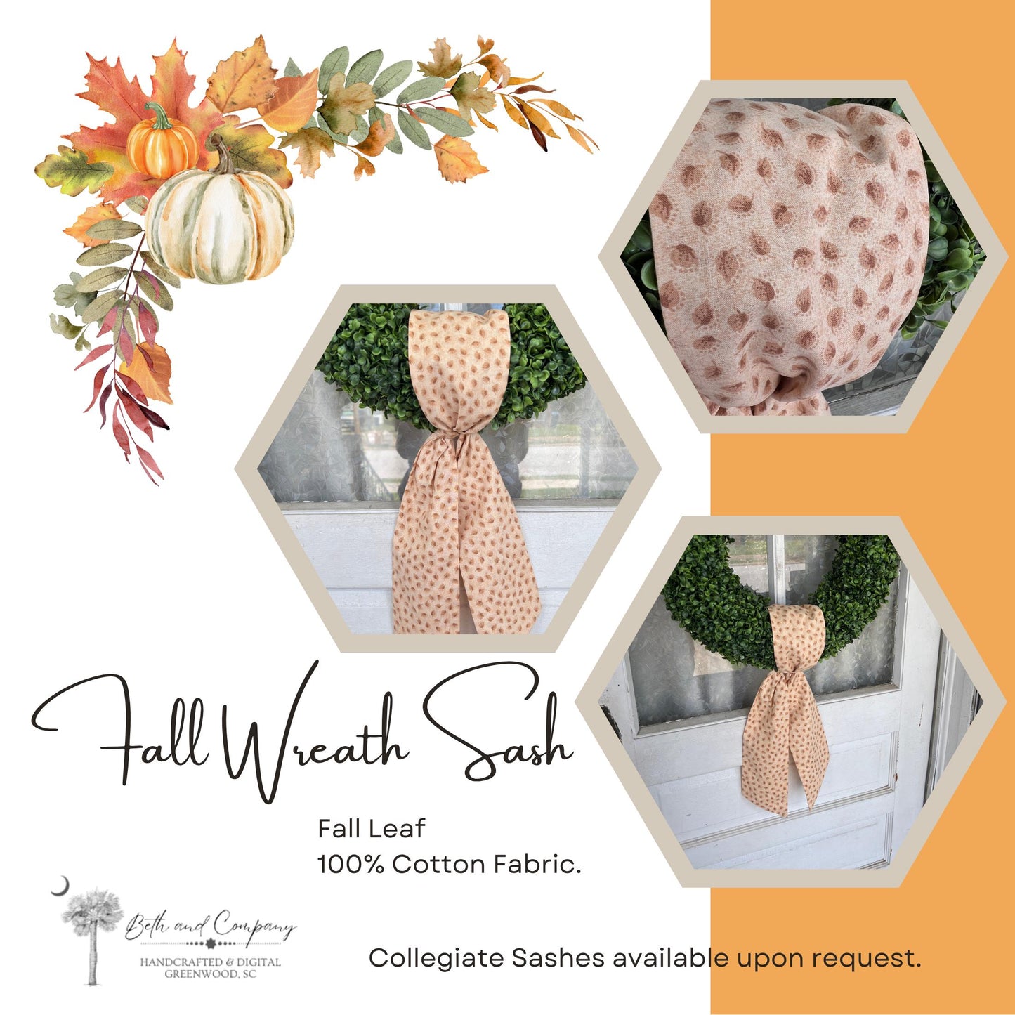 Fall Wreath Sash Autumn Fall Leaf Wreath Decor Fall Leaf Front Door Decor Wreath Sash Handmade Fabric Sash Fall Decoration