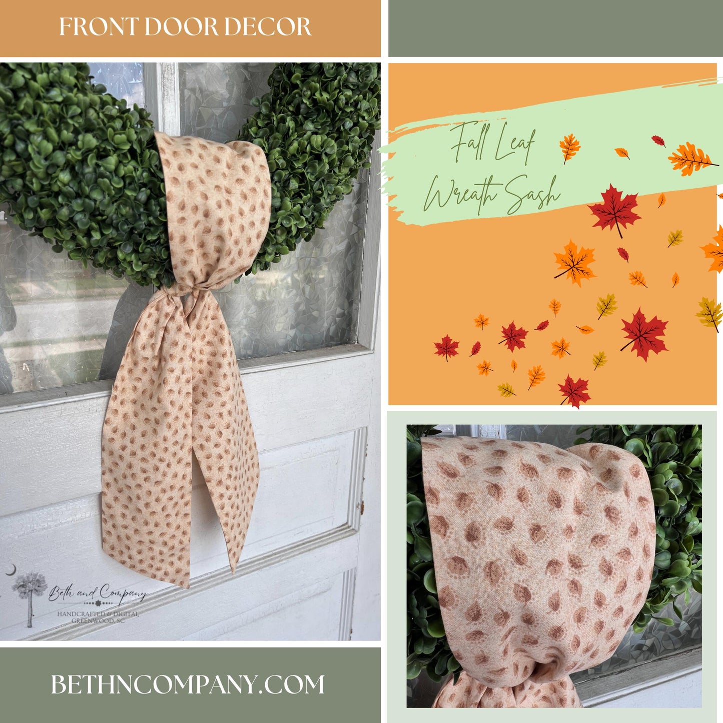 Fall Wreath Sash Autumn Fall Leaf Wreath Decor Fall Leaf Front Door Decor Wreath Sash Handmade Fabric Sash Fall Decoration