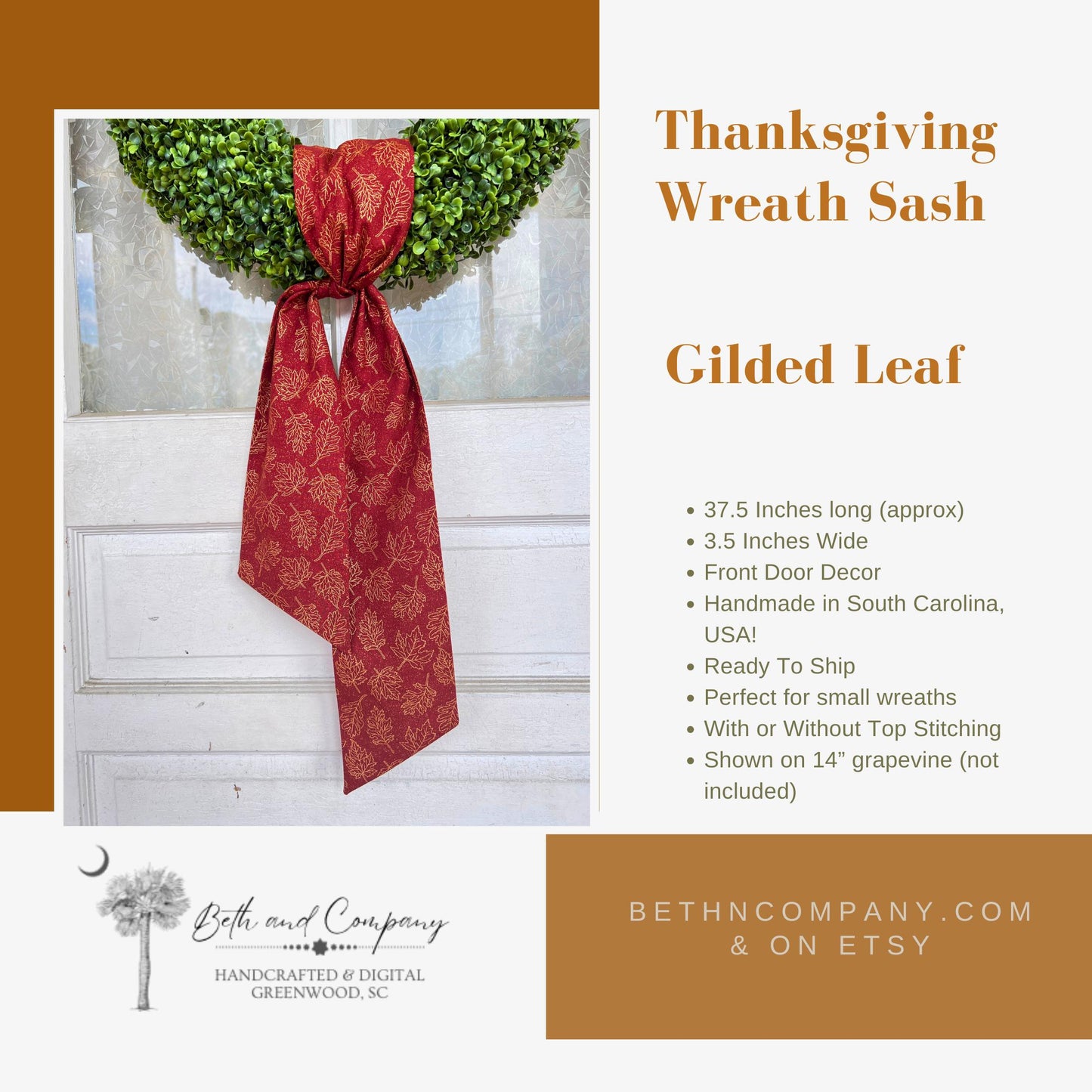 Fall Wreath Sash Thanksgiving Turkey Wreath Decor Fall Gilded Leaf Front Door Decor Handmade Fabric Sash Fall Decoration