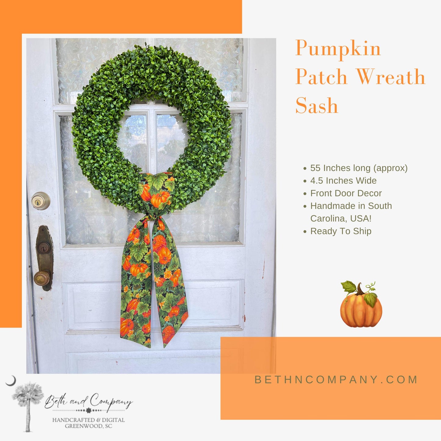 Fall Wreath Sash Pumpkin Patch Wreath Sash Pumpkin Front Door Decor Pumpkin Wreath Handmade Fabric Sash Fall Decoration