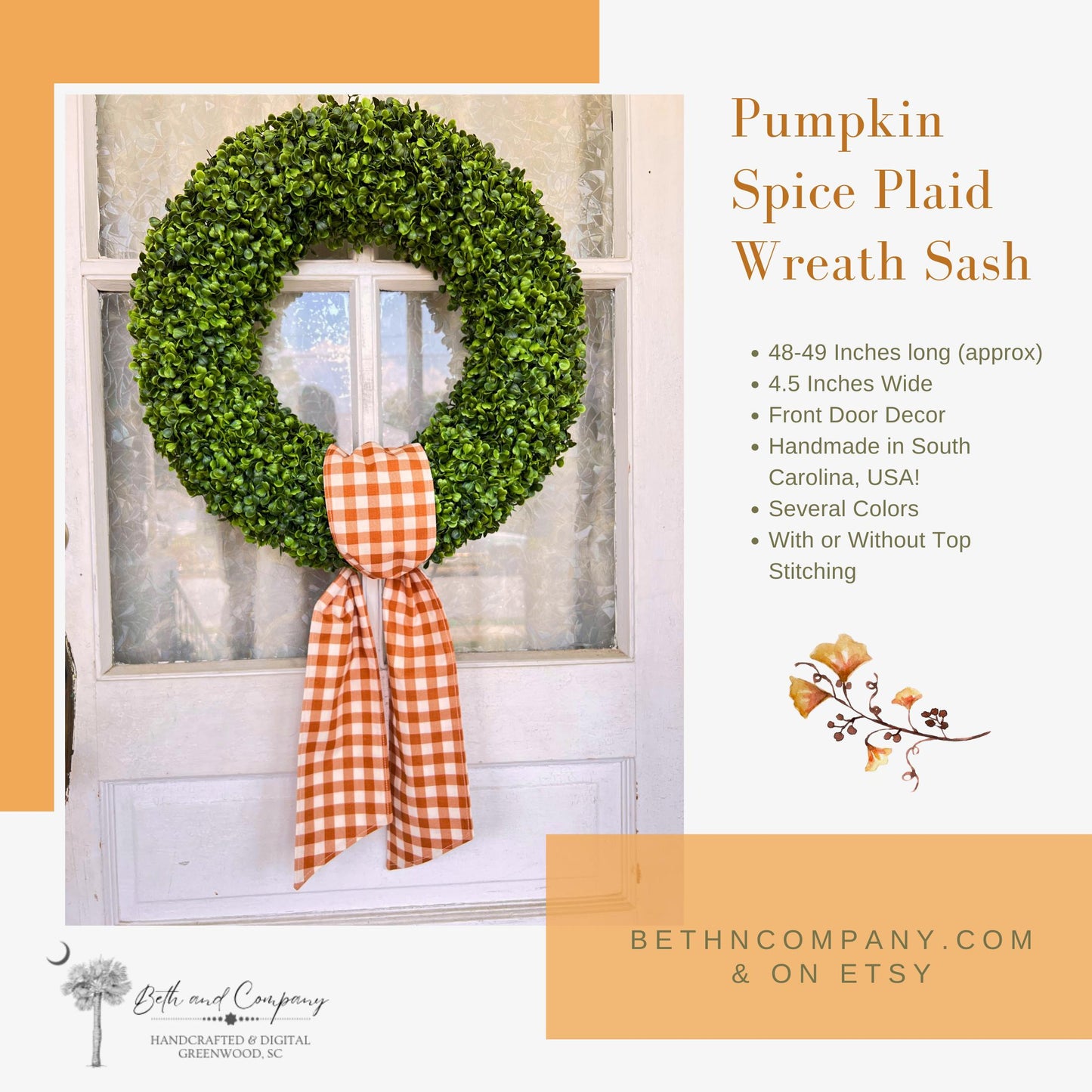Fall Wreath Sash Pumpkin Spice Plaid Wreath Decor Buffalo Plaid Front Door Decor Burnt Orange Sash Fall Decoration Orange and White sash