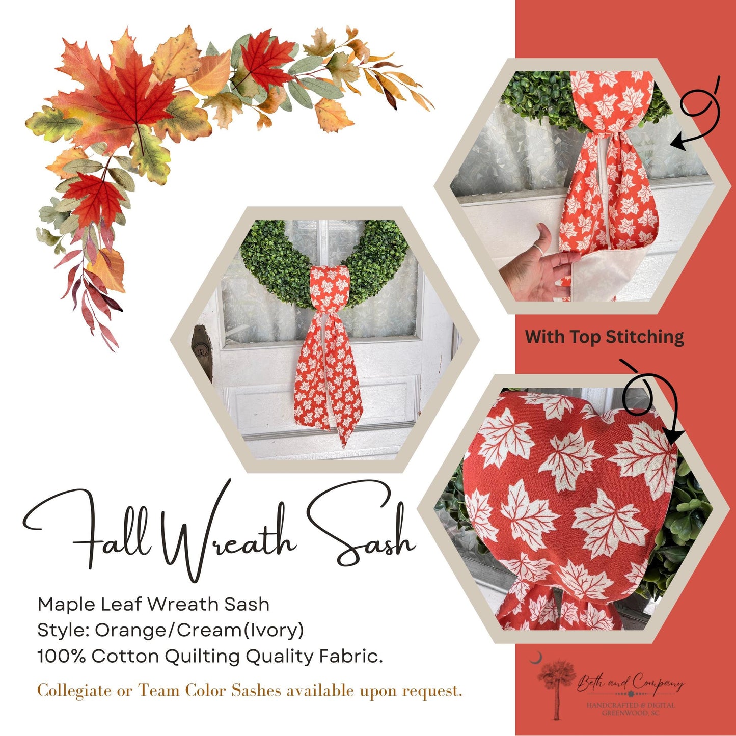 Fall Wreath Sash Maple Leaf Wreath Decor Autumn Front Door Decor Handmade Fabric Sash for Fall Decoration