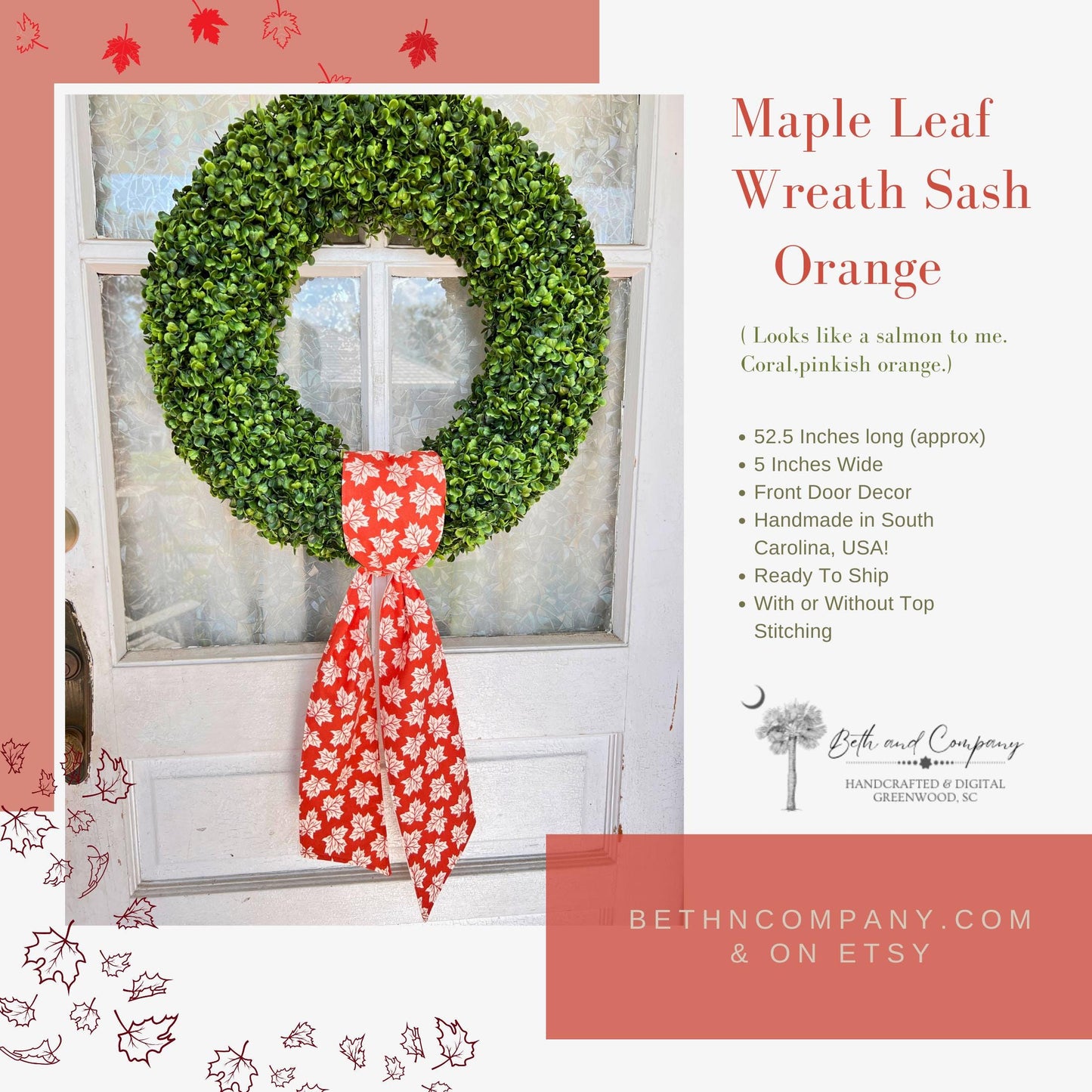 Fall Wreath Sash Maple Leaf Wreath Decor Autumn Front Door Decor Handmade Fabric Sash for Fall Decoration