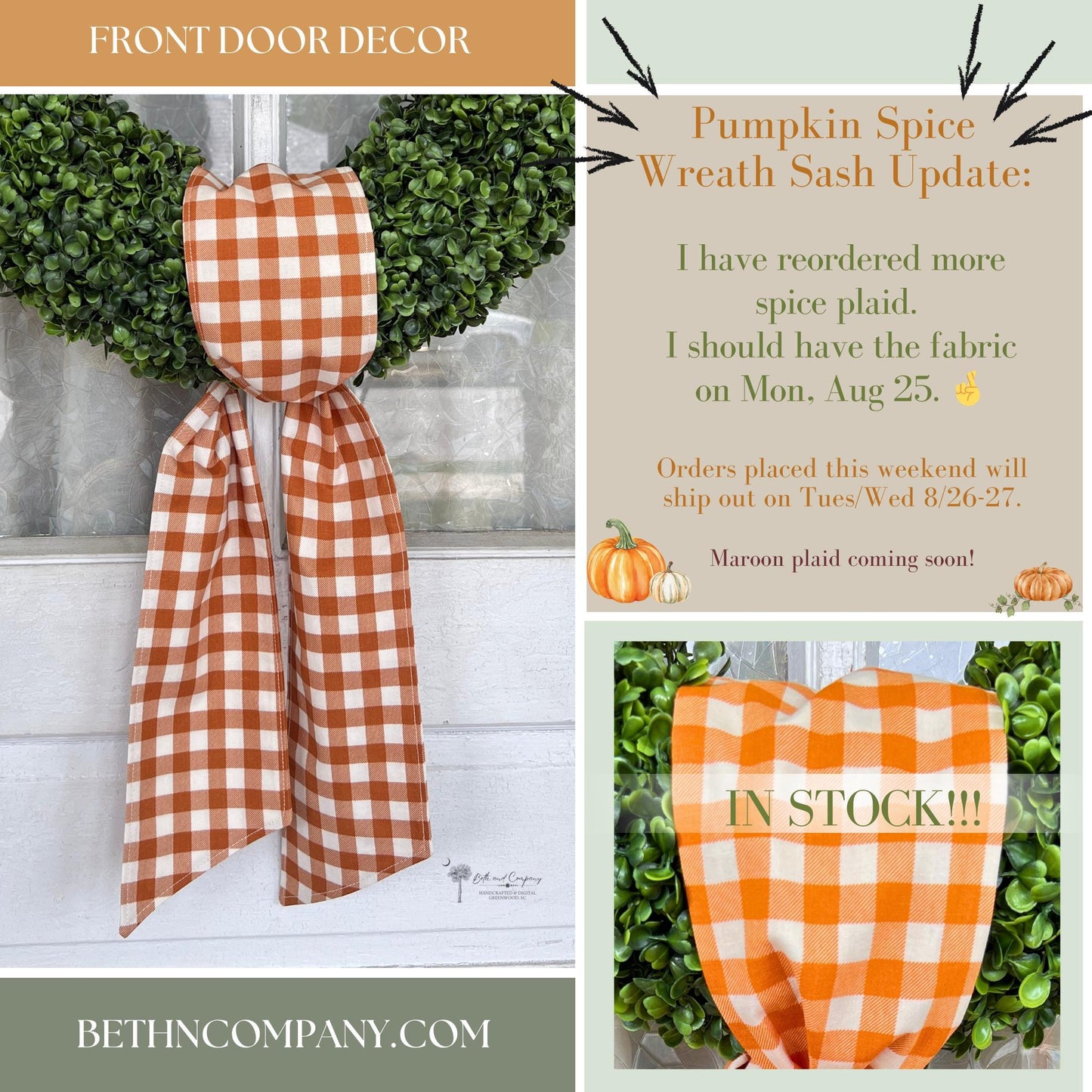 Fall Wreath Sash Pumpkin Spice Plaid Wreath Decor Buffalo Plaid Front Door Decor Burnt Orange Sash Fall Decoration Orange and White sash