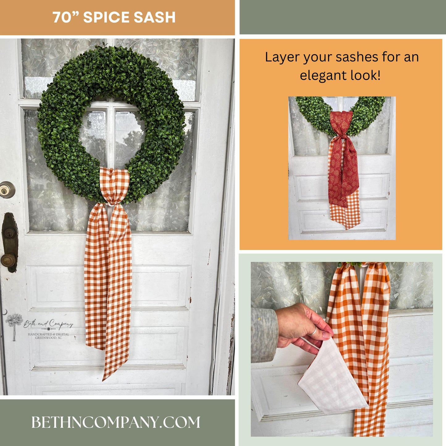 Fall Wreath Sash Pumpkin Spice Plaid Wreath Decor Buffalo Plaid Front Door Decor Burnt Orange Sash Fall Decoration Orange and White sash