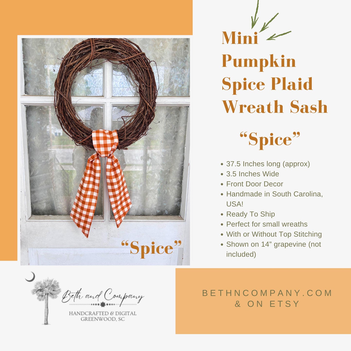 Fall Wreath Sash Pumpkin Spice Plaid Wreath Decor Buffalo Plaid Front Door Decor Burnt Orange Sash Fall Decoration Orange and White sash