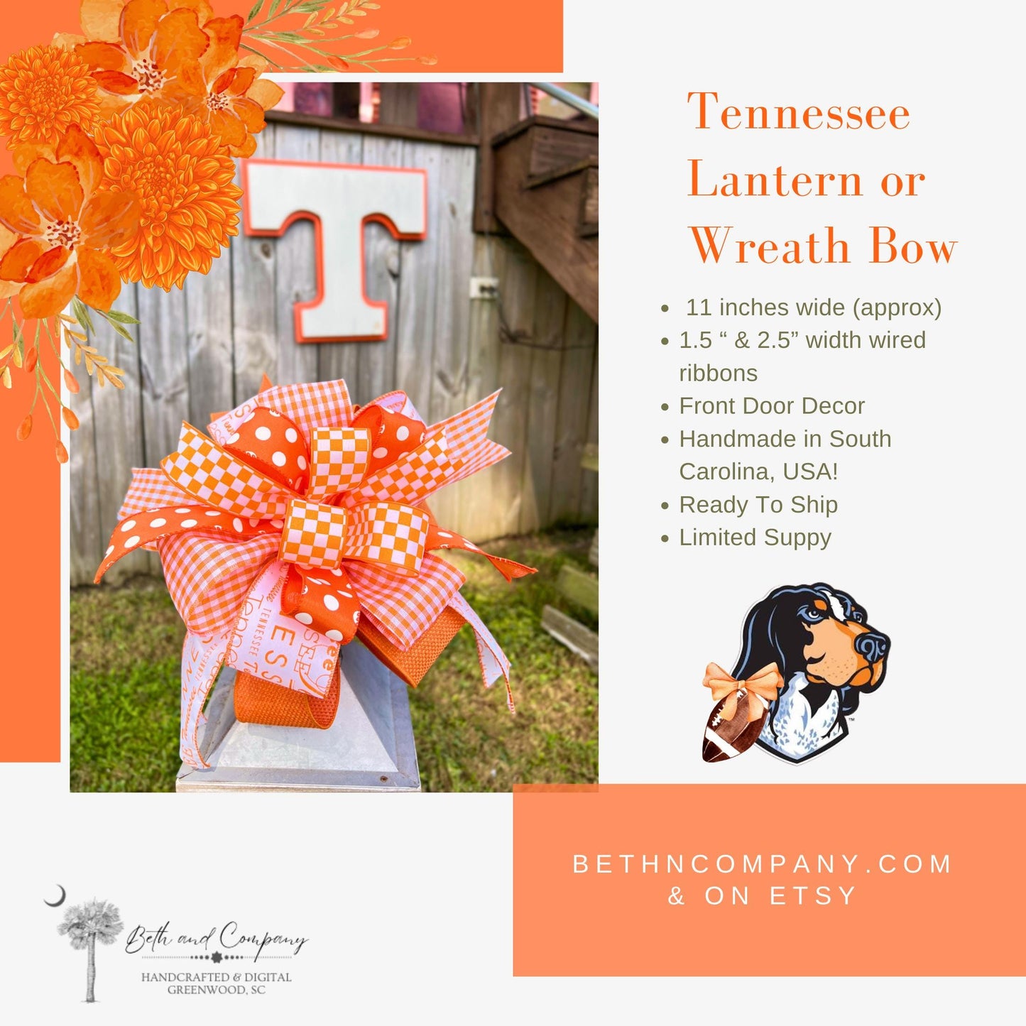 Football Wreath Bow Tennessee Vols Inspired Wreath Bow Home Decor Game Day Bow Football Team Decorations Lantern Bow