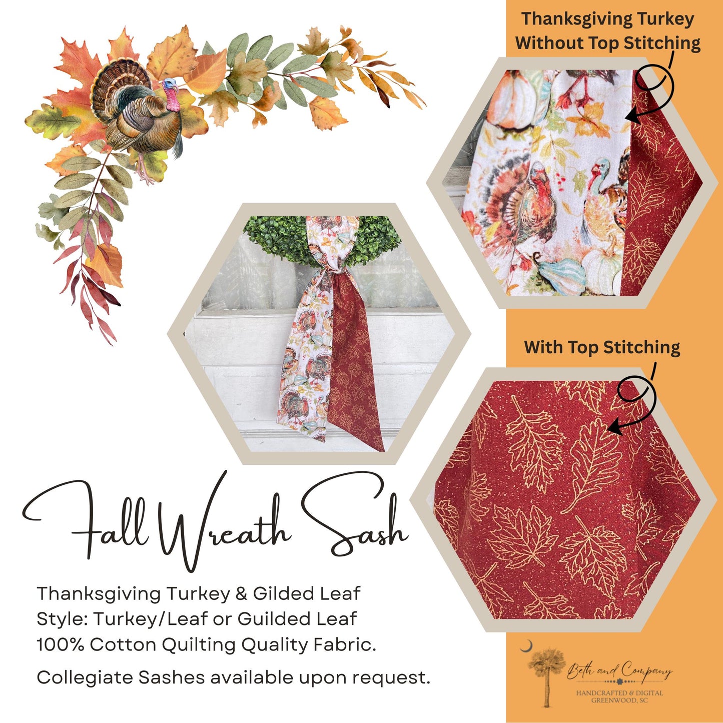 Fall Wreath Sash Thanksgiving Turkey Wreath Decor Fall Gilded Leaf Front Door Decor Handmade Fabric Sash Fall Decoration