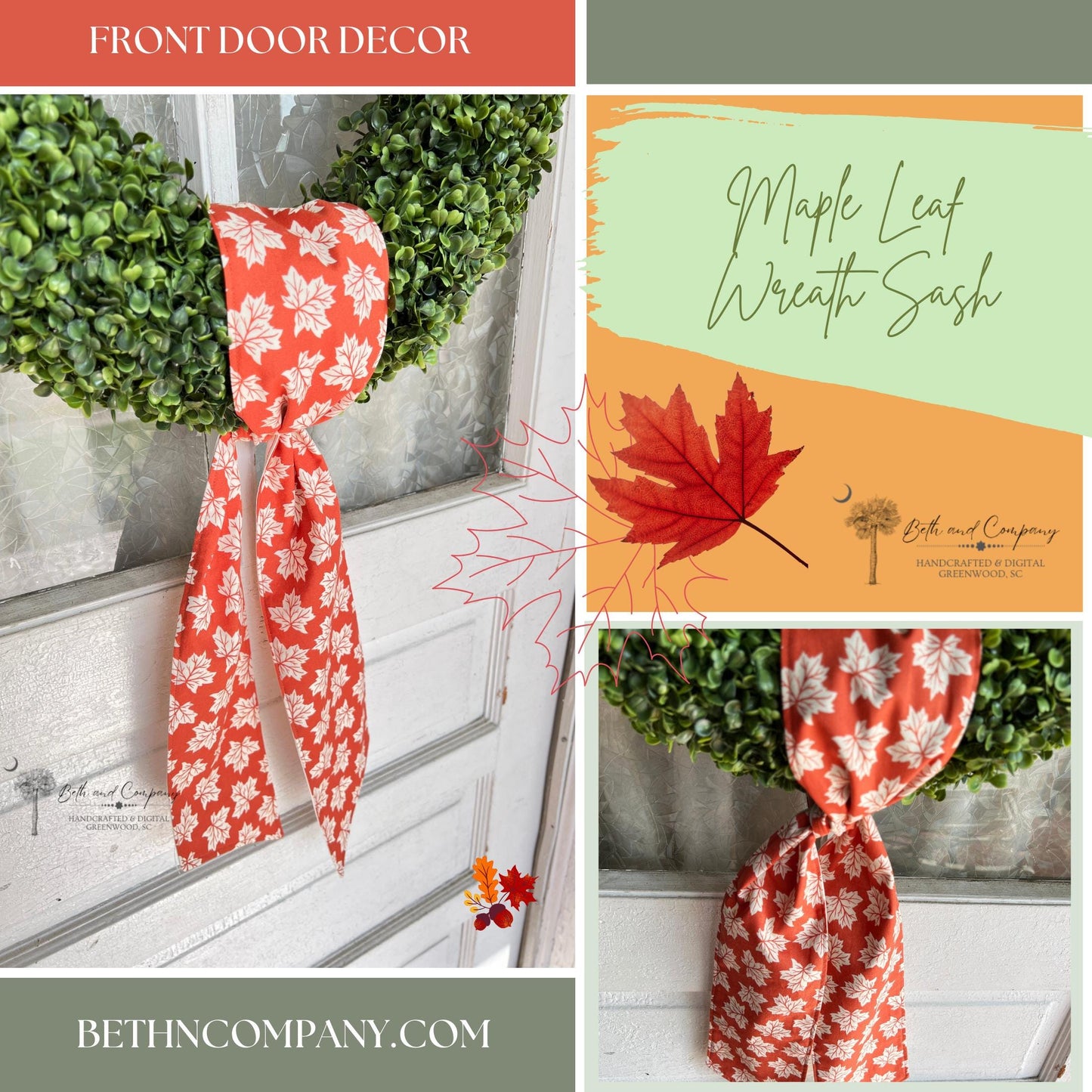Fall Wreath Sash Maple Leaf Wreath Decor Autumn Front Door Decor Handmade Fabric Sash for Fall Decoration